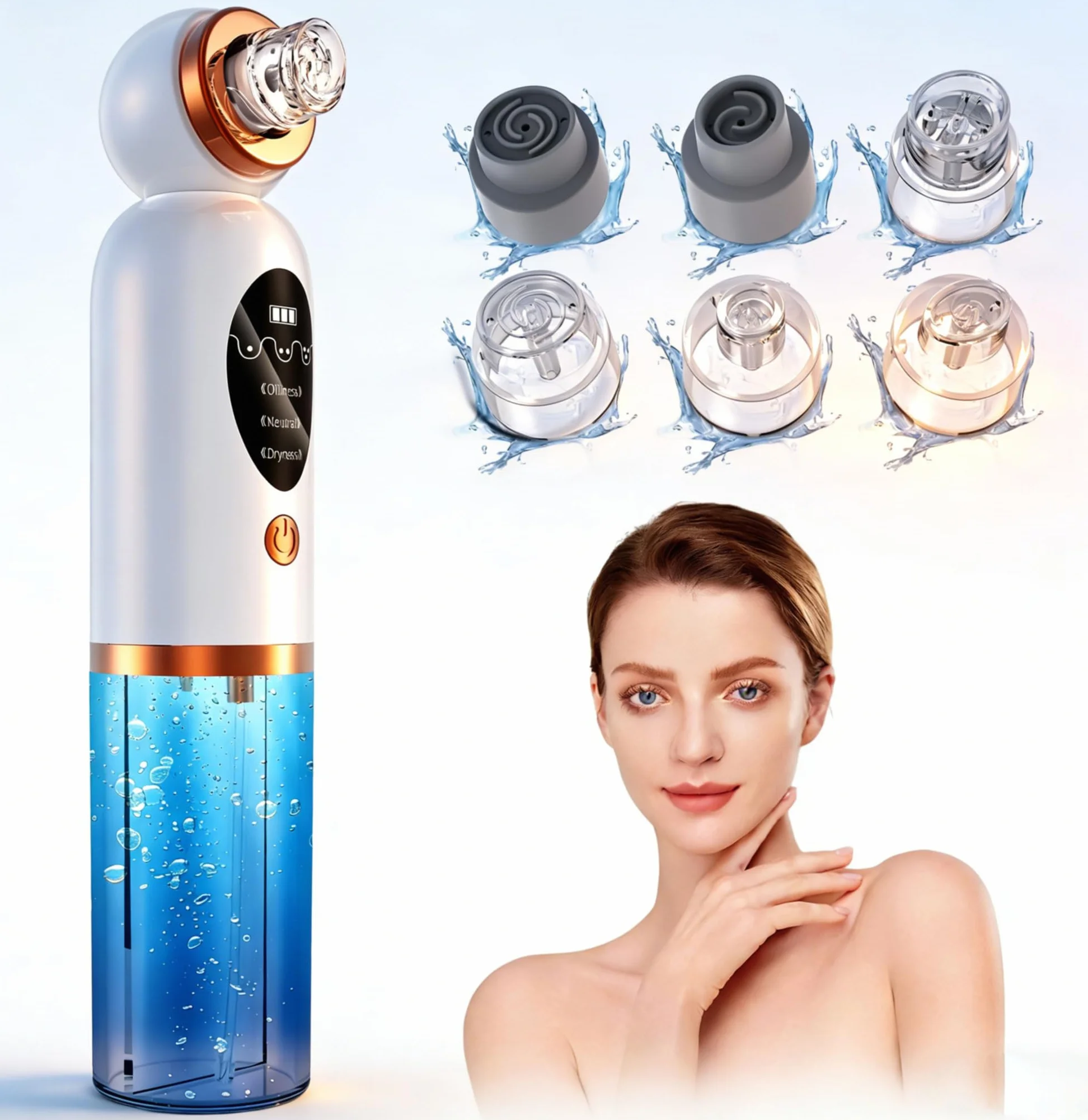 Aspirateur Pour Points Noirs, Extracteur Points Noirs Visage, 3 Modi Rechargeable & 6 Sondes & Réservoir d'eau Visible pour le Nettoyage du Visage, Traitement de l'acné et Soins de la Peau - Blanc