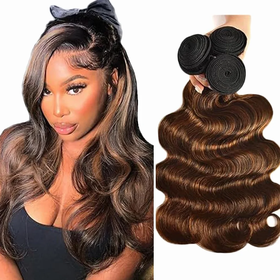 Perruque Dames Bundles Human Hiar Unprocessed Brazilian Virgin Body Wave Human Hair Extensions P430 Highlight Brown Cheveux Humains Bundle With Minimal Shedding Hair 12 14 16 Inch