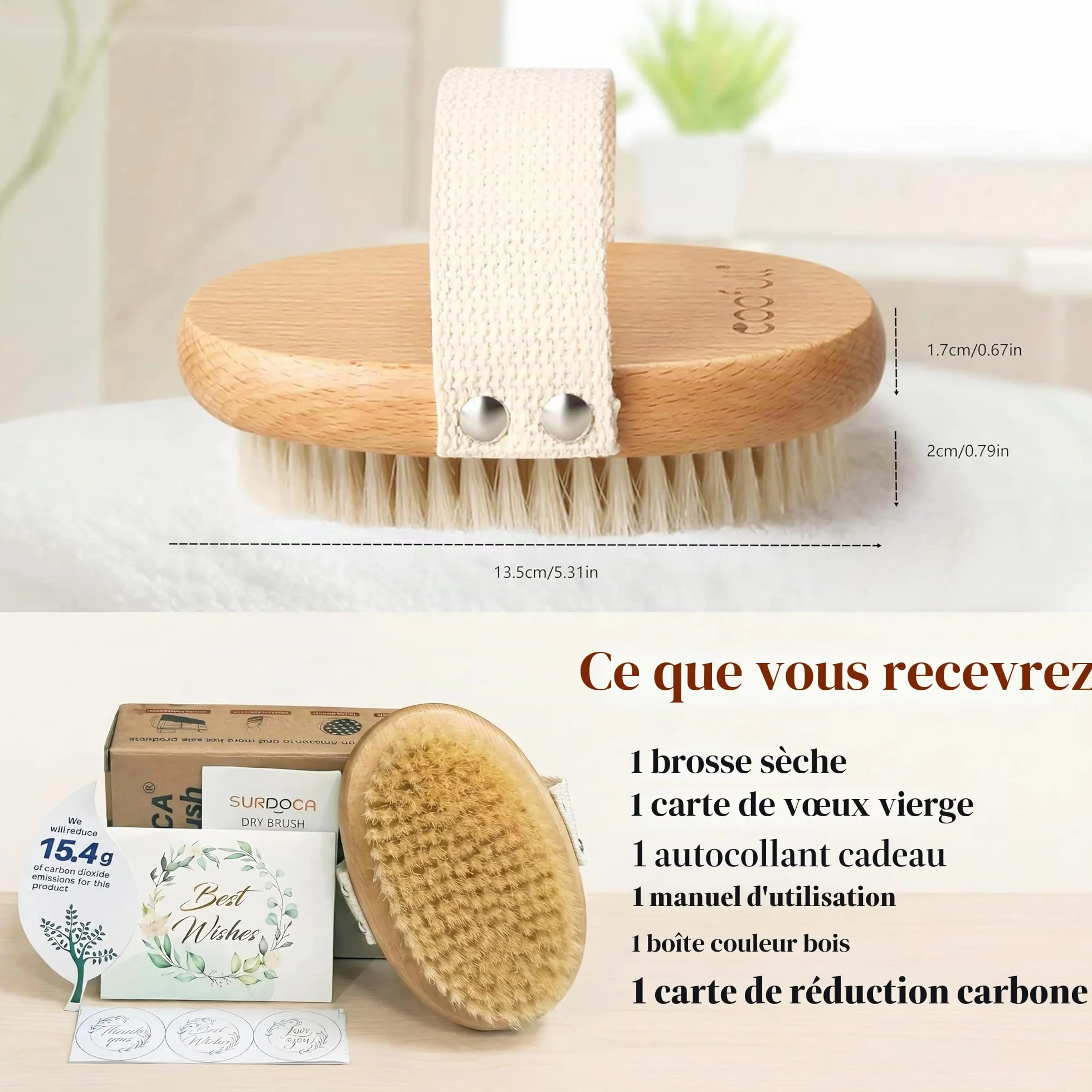 Brosse à sec pour le corps en bois de hêtre naturel 100% poils de sanglier anti-cellulite