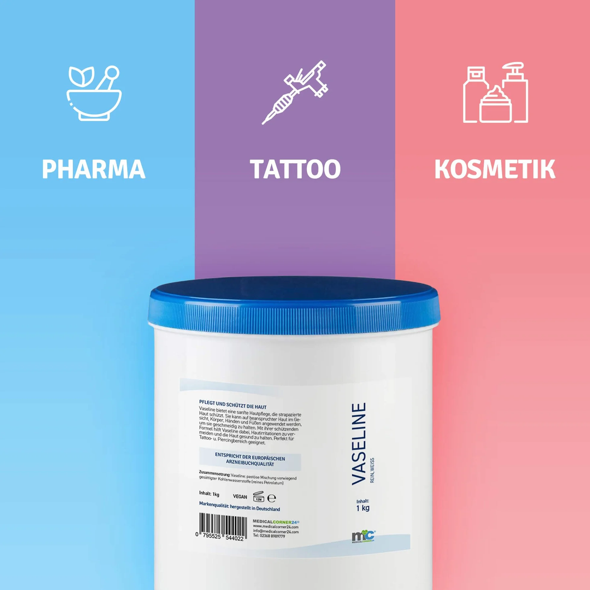 Medicalcorner24 vaseline blanche, gel soins de la peau soins corporels, zone tatouage et piercing, 1 kg