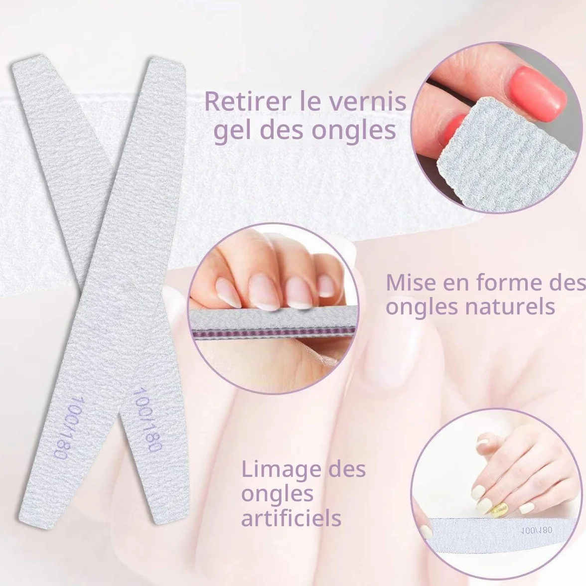 Lime à Ongles Professionnelle 16pces, 100/180 Grain Lavable Double Face - Blanc