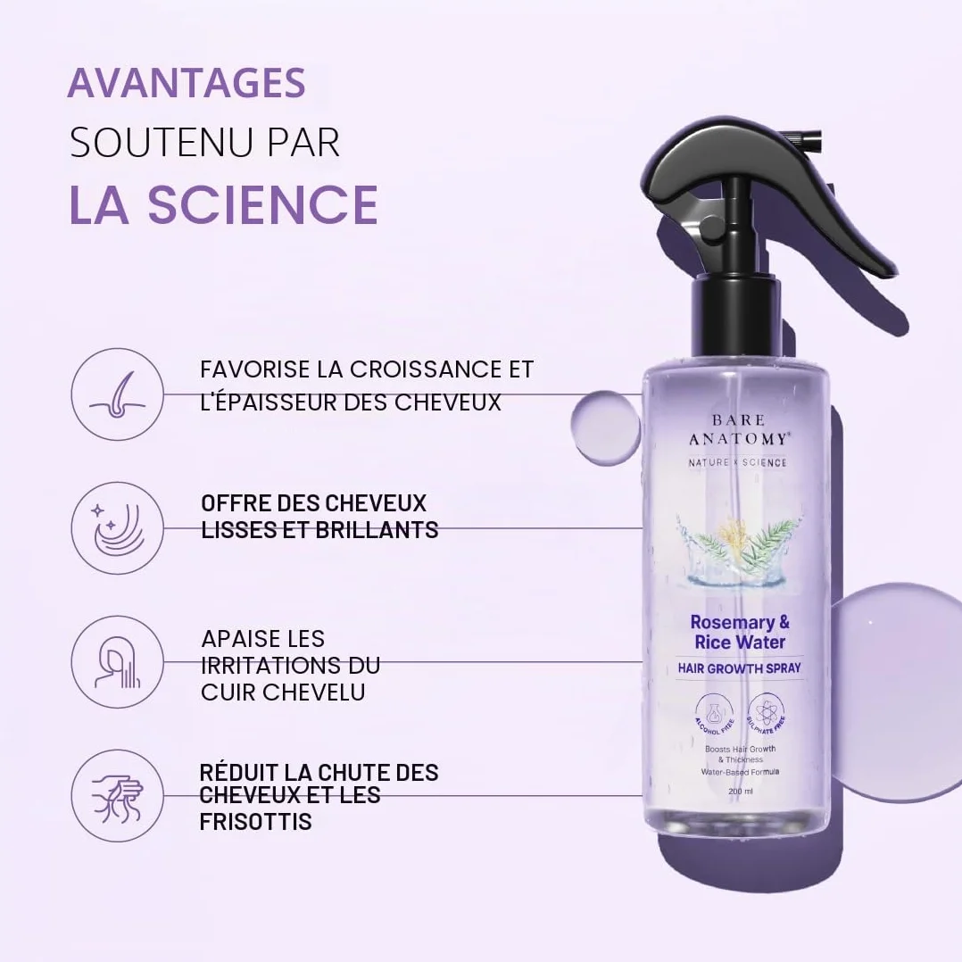 Bare Anatomy Nature x Science Vaporisateur d'eau de romarin croissance cheveux eau de riz 100% naturel
