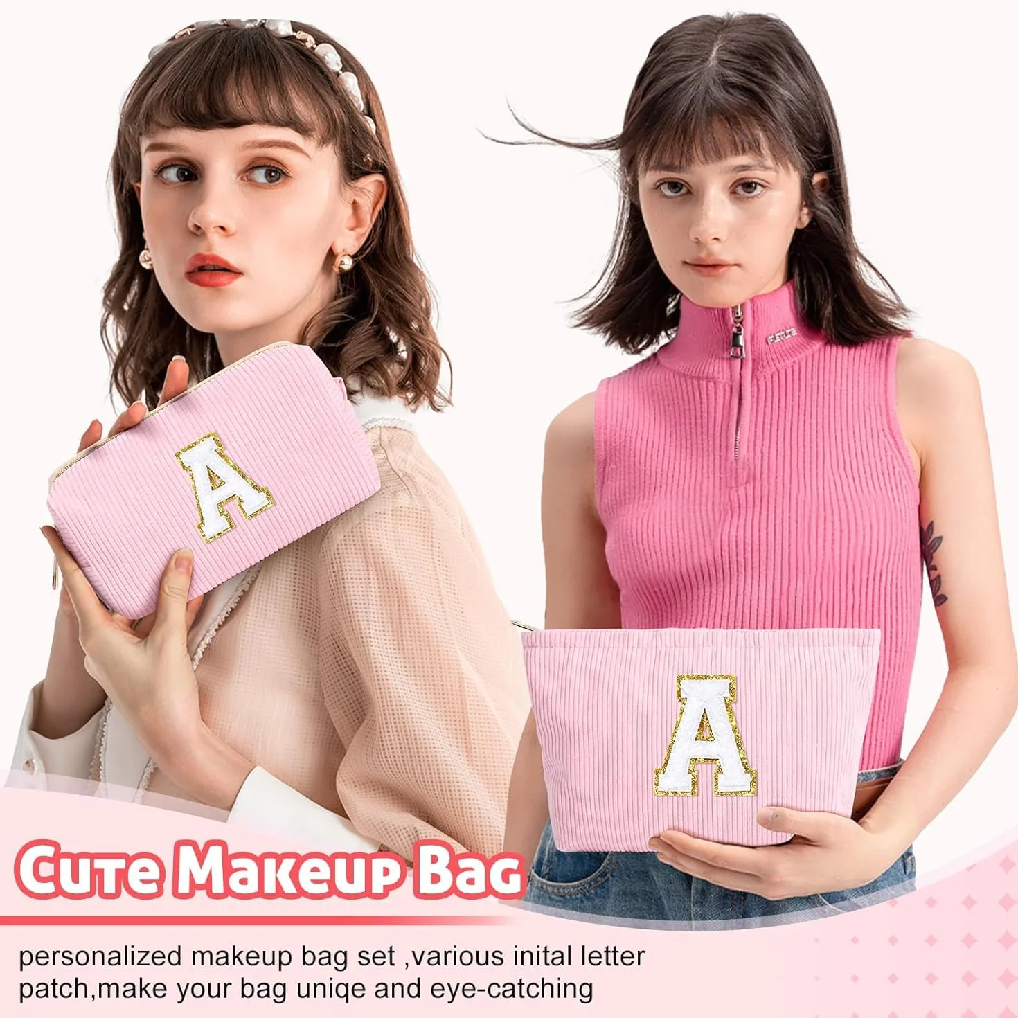 Pochette Cosmétique Rose en Velours Côtelé avec Initiales, Sac à Cosmétiques Grande Capacité Trousse de Toilette de Voyage pour Femmes Filles Cadeaux