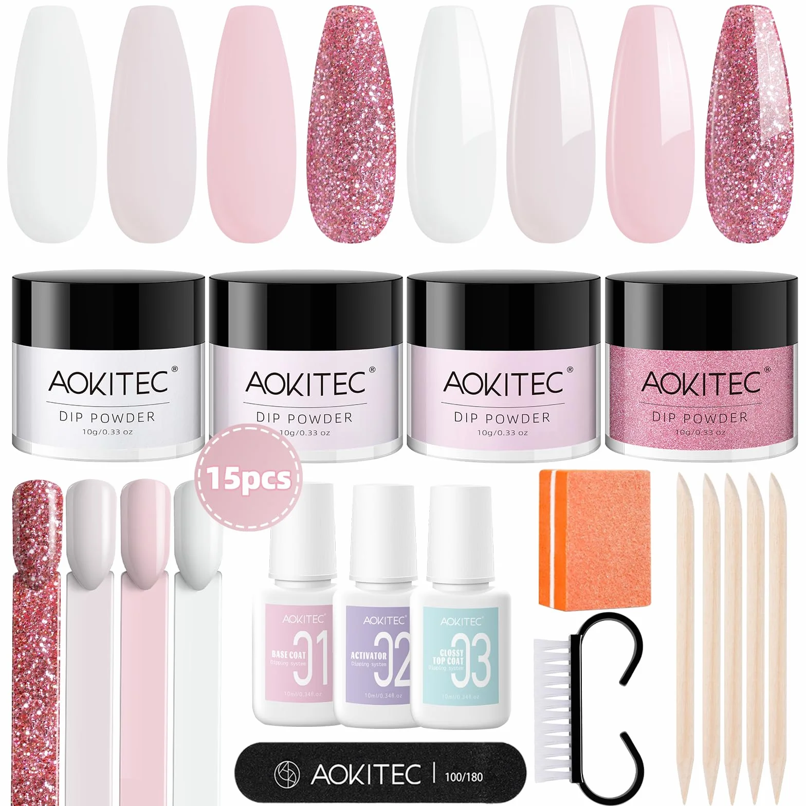 Aokitec Kit de poudre à ongles 4 couleurs, poudre à tremper paillettes blanc rose avec base liquide