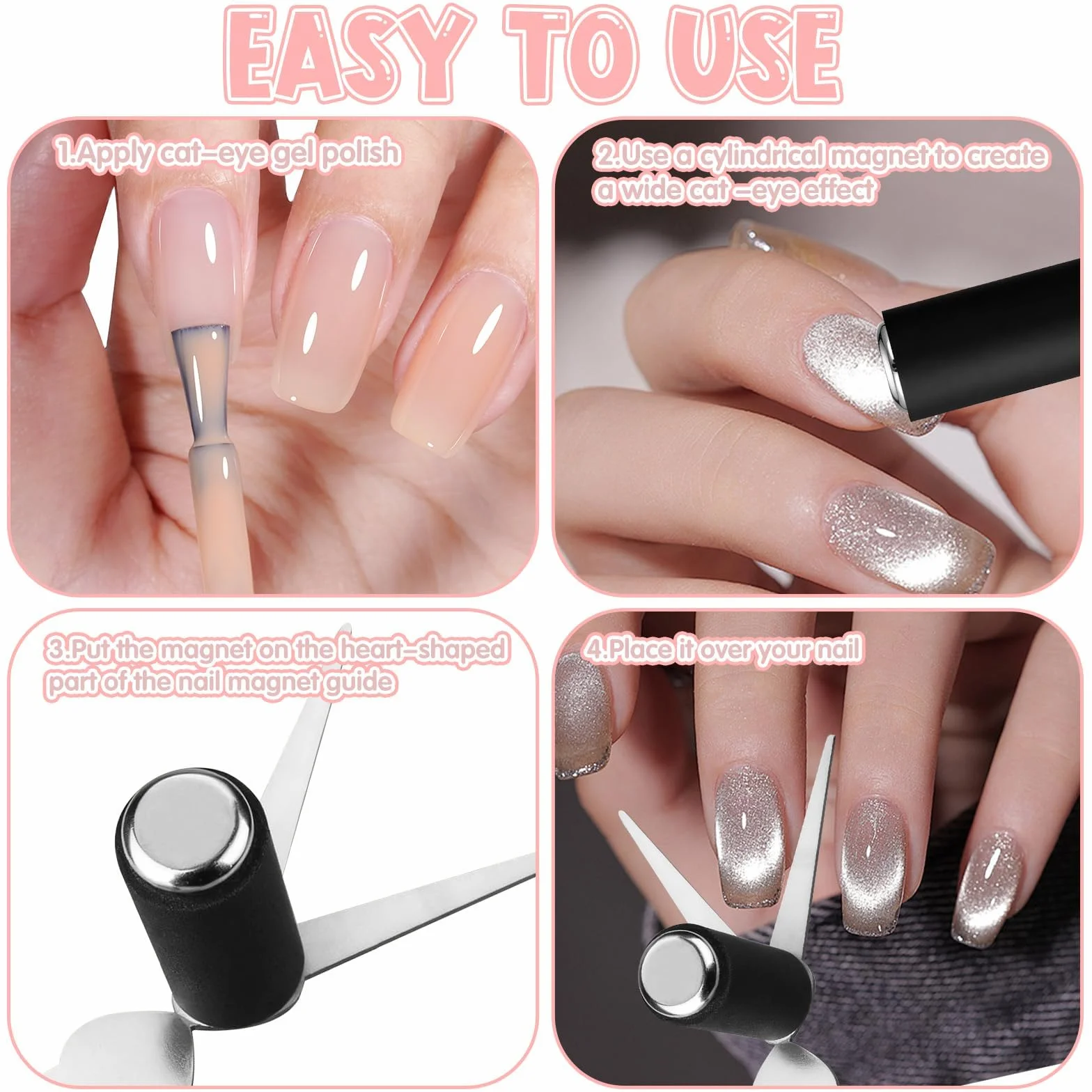 Kit de 8 aimants French Cat Eye, kit de nail art 3 en 1 avec ciseaux et aimants cylindriques pour vernis gel