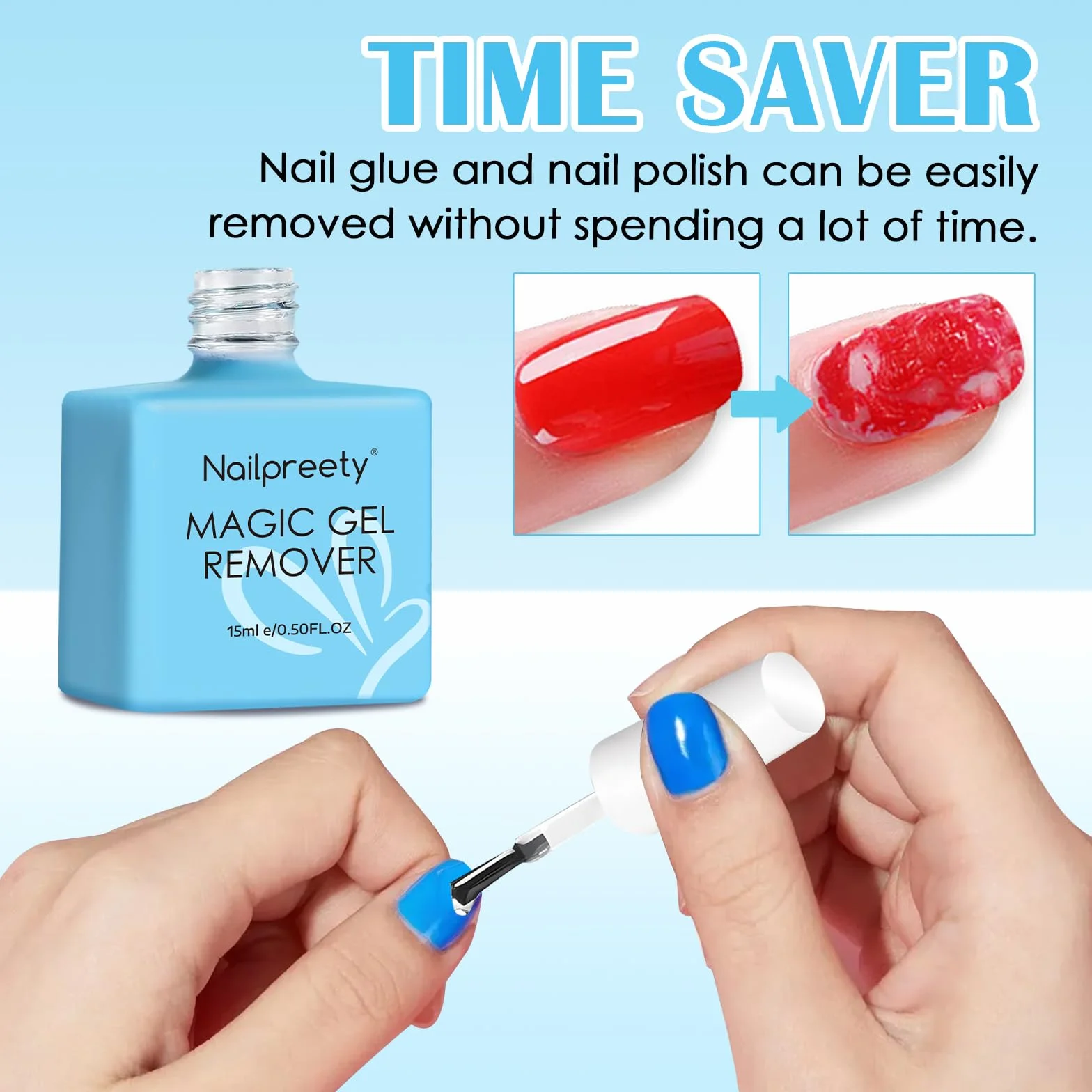 Dissolvant Vernis Semi Permanent 15ml, Gel Nail Polish Remover 3-5 min, avec Lime à Ongles et Cuticle Pusher