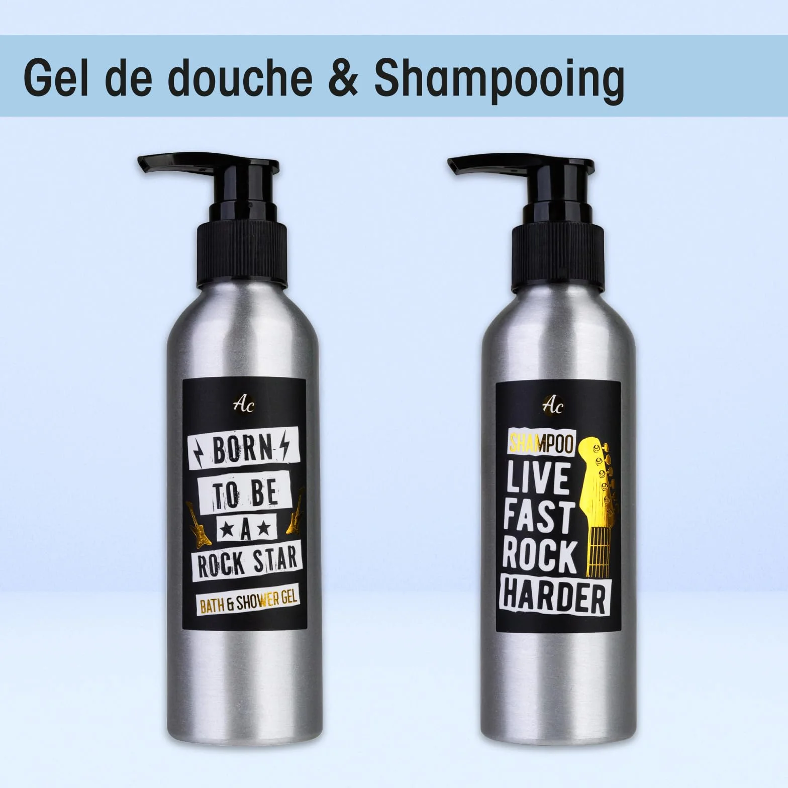 Accentra coffret cadeau homme, set soin corps guitare métallique, gel douche, lotion corps, savon, serviette, parfum bois de santal, idée cadeau originale pour anniversaire, amateurs de musique