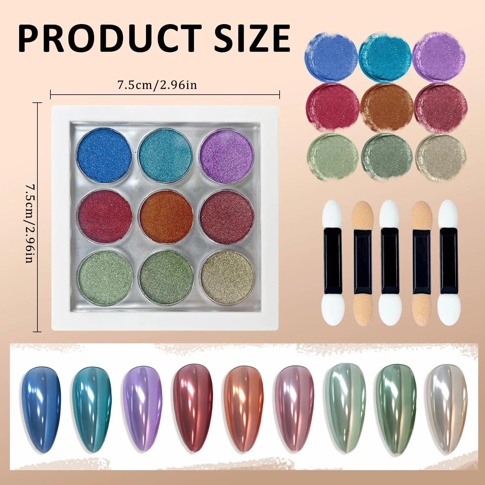 Poudre Chrome Ongle 9 Couleurs, Rouge Bleu Or Vert Mirror Metallic Pigment Glitzerpuder Nail Art avec Baguettes Éponge