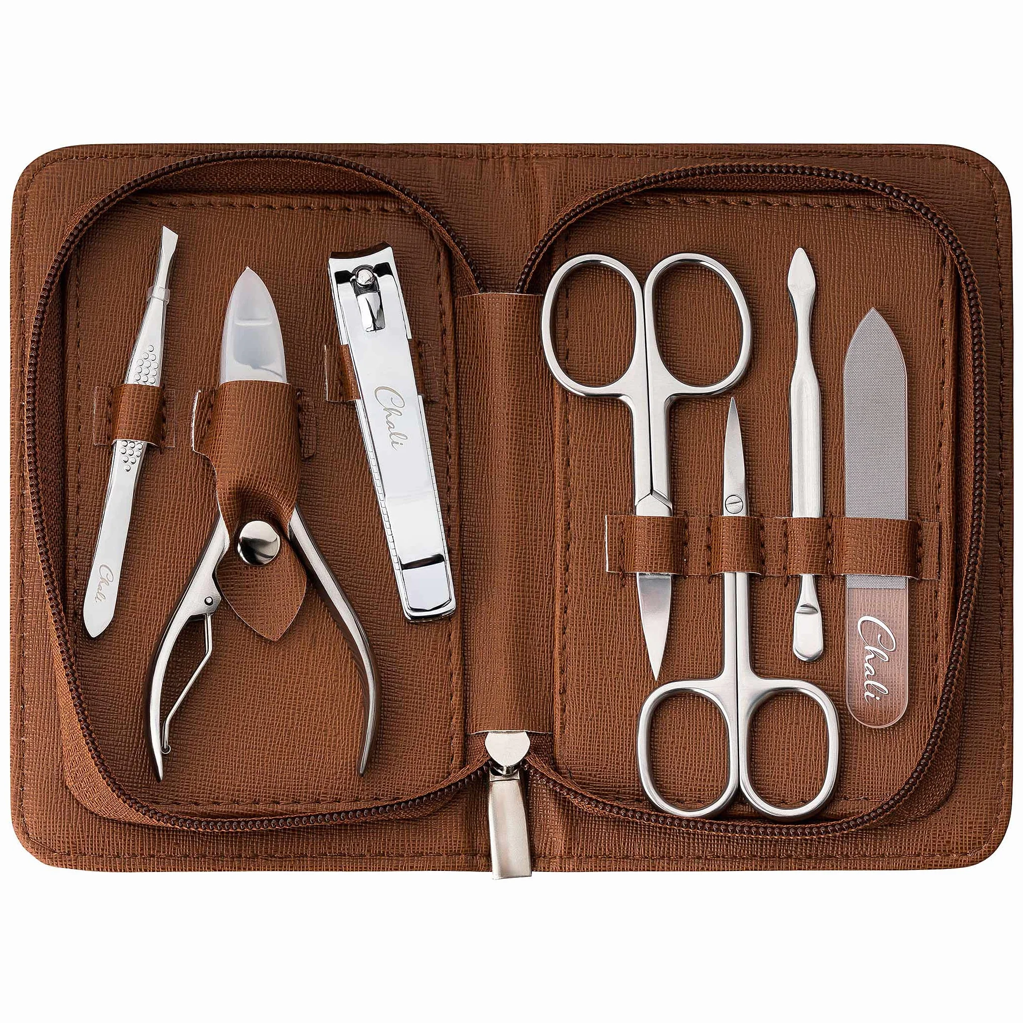 Chali® Kit Manucure Pedicure de 7 Pièces avec Étui, Inox Set Ongle - Coupe-Cuticules, Coupe Ongles, Lime à Ongles en Verre, Pince et comptage