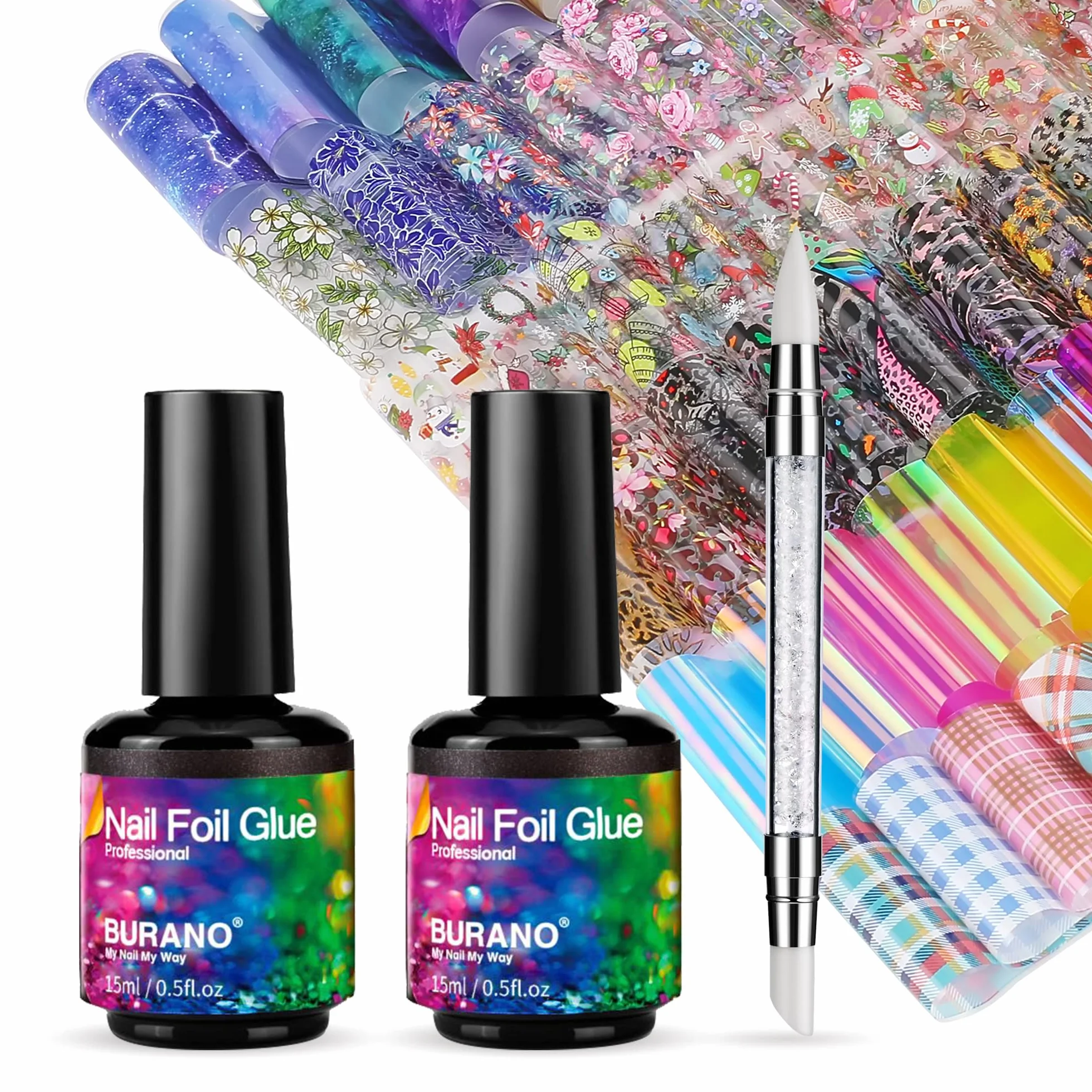 BURANO Nail Art Foil Glue Gel, 15ML 2 Bouteilles avec 70PCS Feuille Autocollants Set Nail Foil Colle pour Ongles, Designer Nail Foils Nail Art Foil Transfer Gel