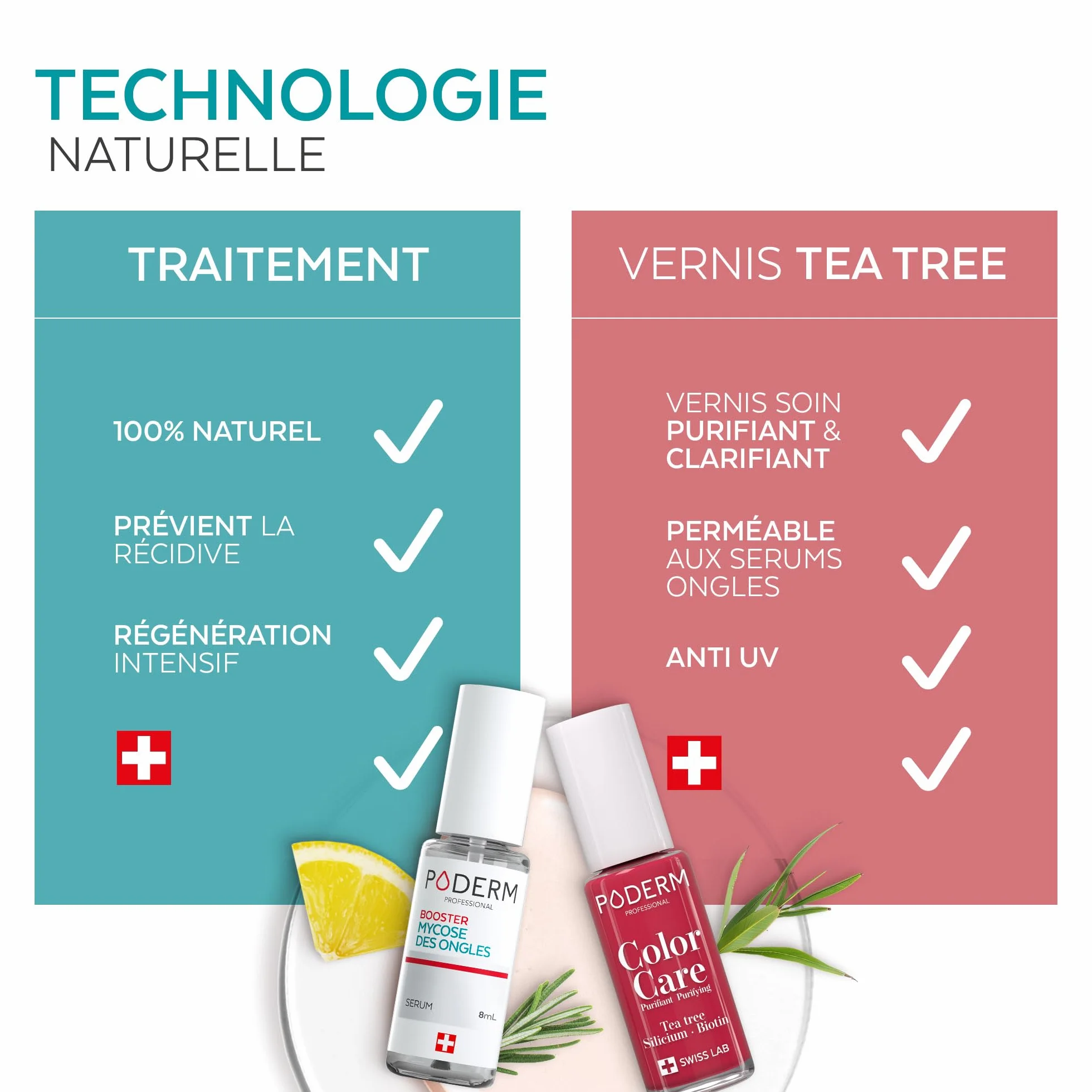 PODERM Mycose Ongles Booster + Vernis à Ongles Rouge Rose | Accélère la guérison des mycoses | Renforce, Répare et camoufle les ongles jaunes et abîmés | Créé par un podologue – Swiss Made