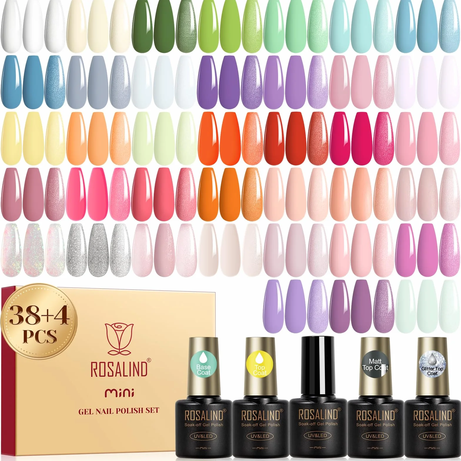 ROSALIND Vernis Semi Permanent 42PCS Pastel Blanc Jaune Vert Bleu Violet | Orange Nude Couleurs Vernis Gel Semi Permanent Pastel, Mini UV/LED Printemps D'été Vernis Semi-permanent Cadeau