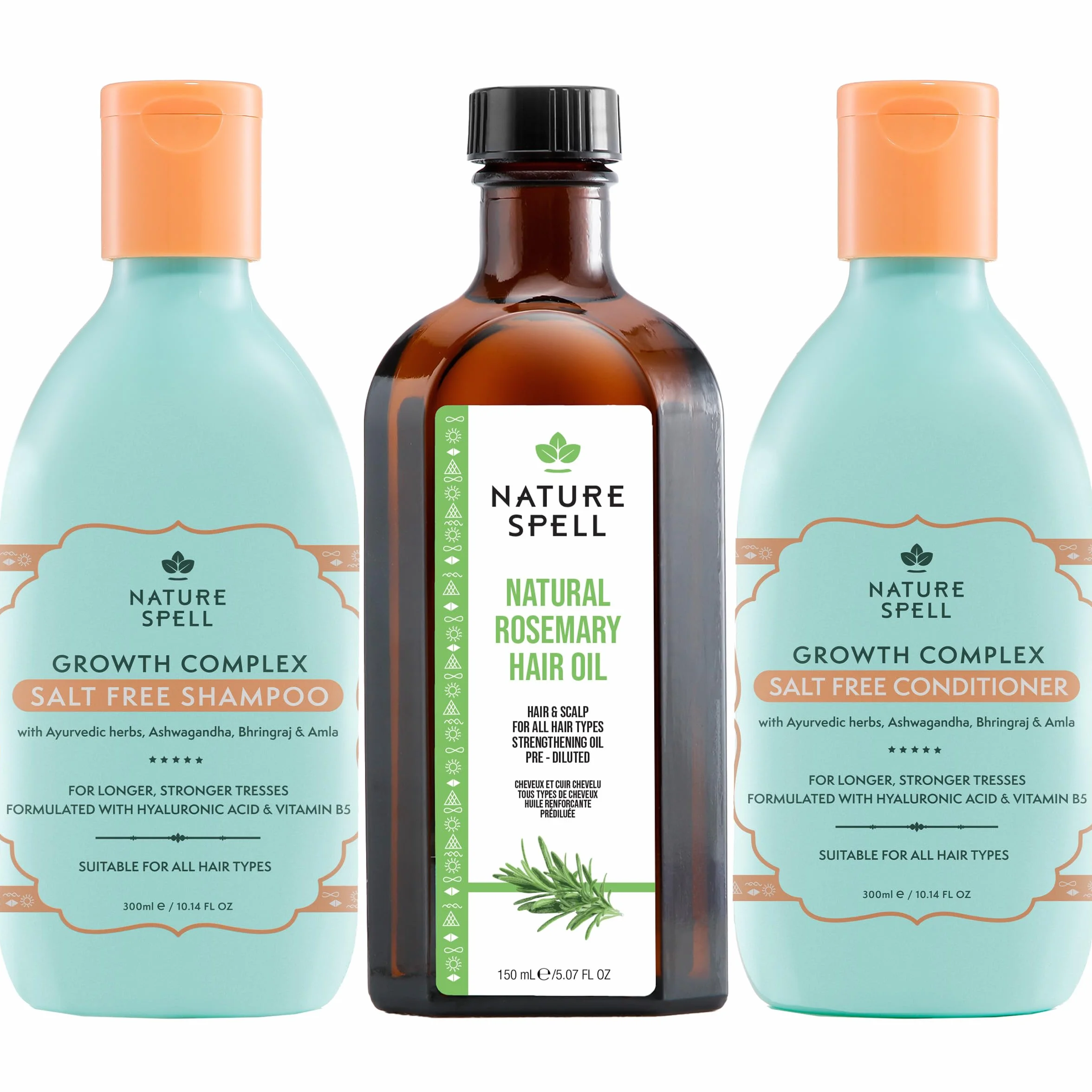 Nature Spell Trio Croissance Cheveux, Huile de Romarin Pré-diluée, Shampooing et Après-Shampooing Hydratants, Soin Cuir Chevelu, Sans Sulfate, Vegan