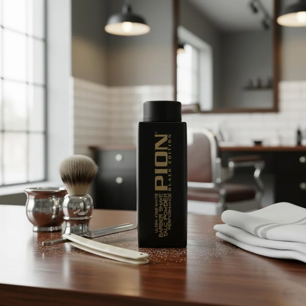 Pion Barber Shave Talc Powder Black Edition Poudre blanche ultra fine rasage douceur 180 g