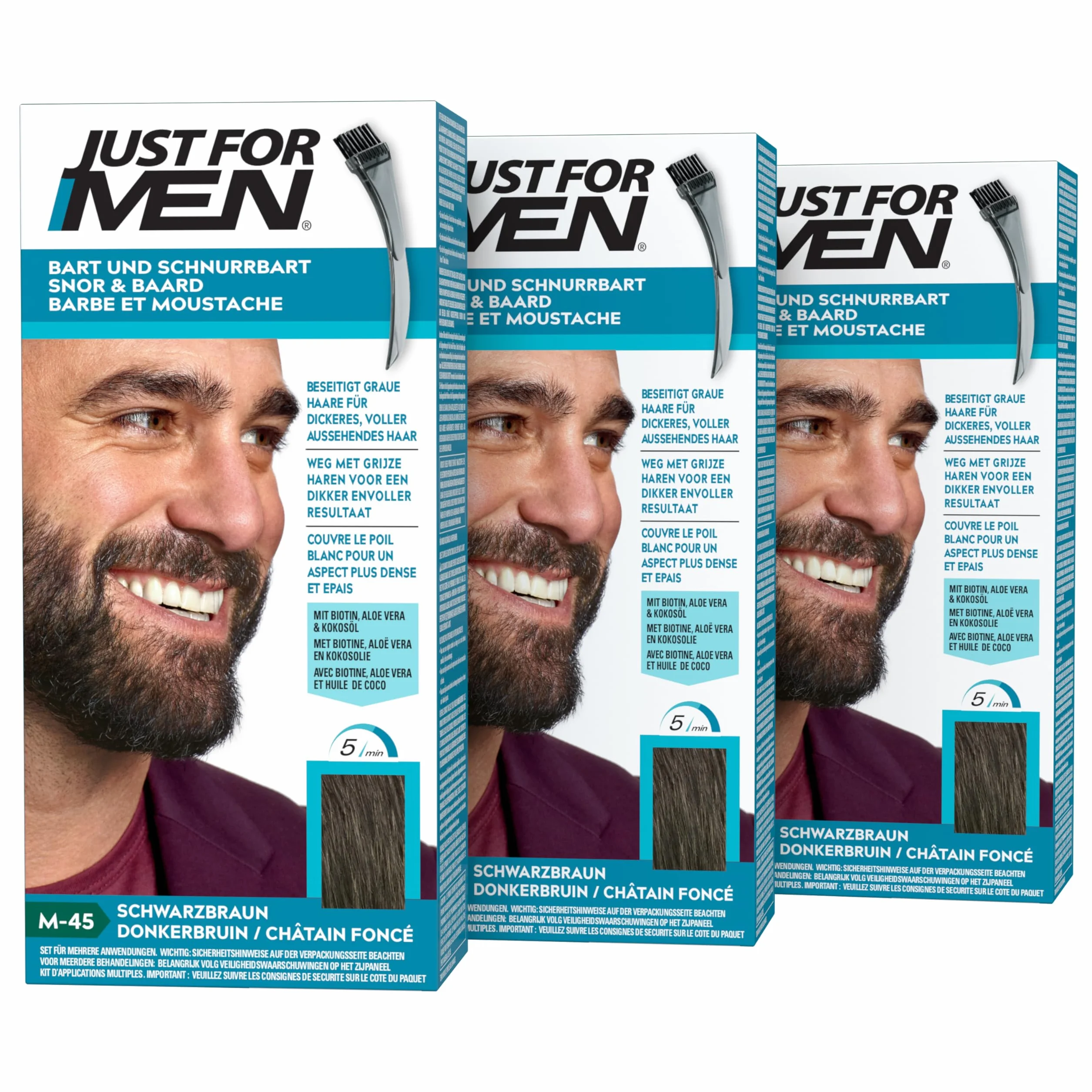 Just For Men Barbe & Moustache, coloration Barbe Homme, Naturel, Sans Ammoniaque, Élimine les Poils Gris, Avec Peigne Applicateur, Couleur Châtain Foncé M45 - (3 pack)