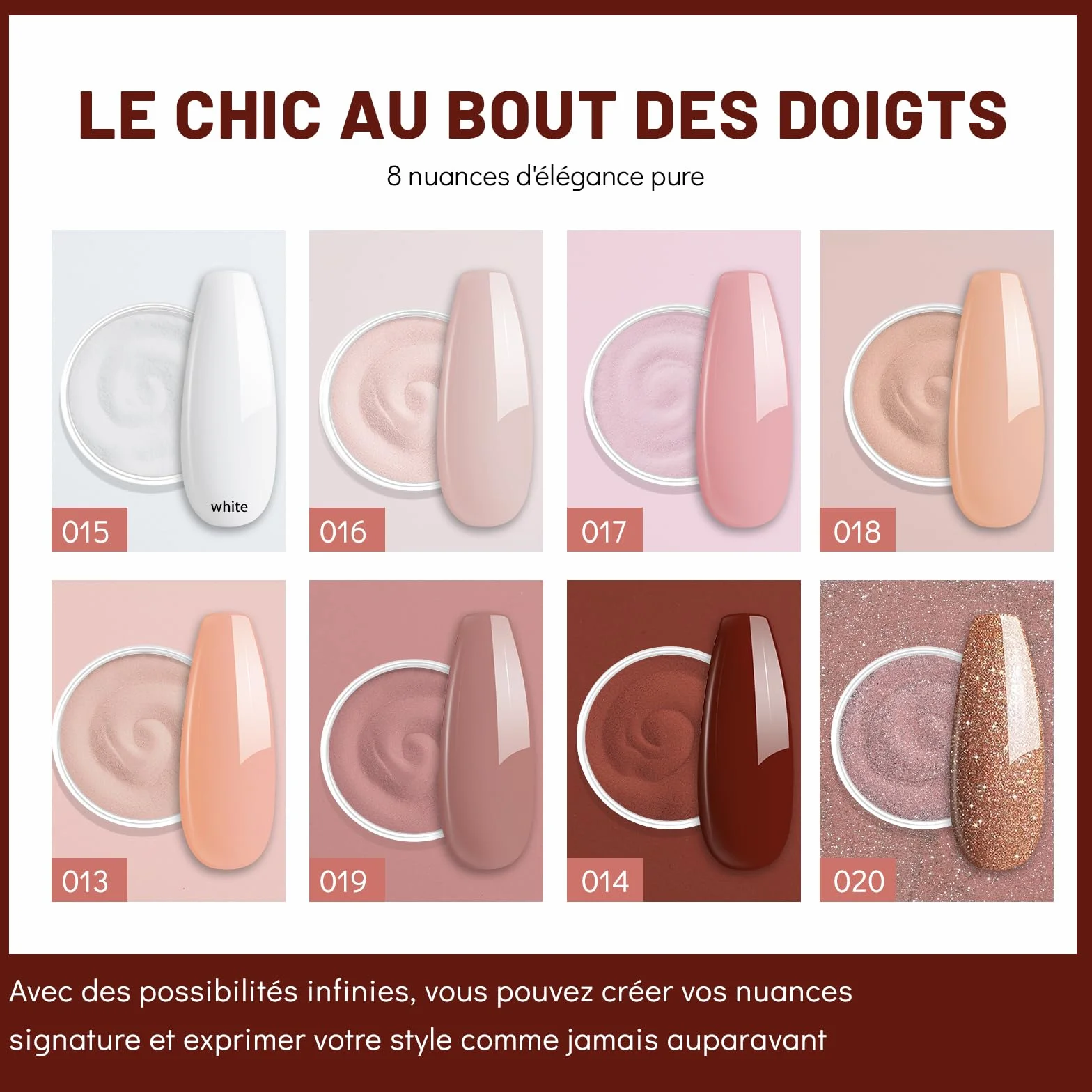 Aokitec Kit de poudre à ongles 8+1 couleurs poudre construction base activateur finition nail art français