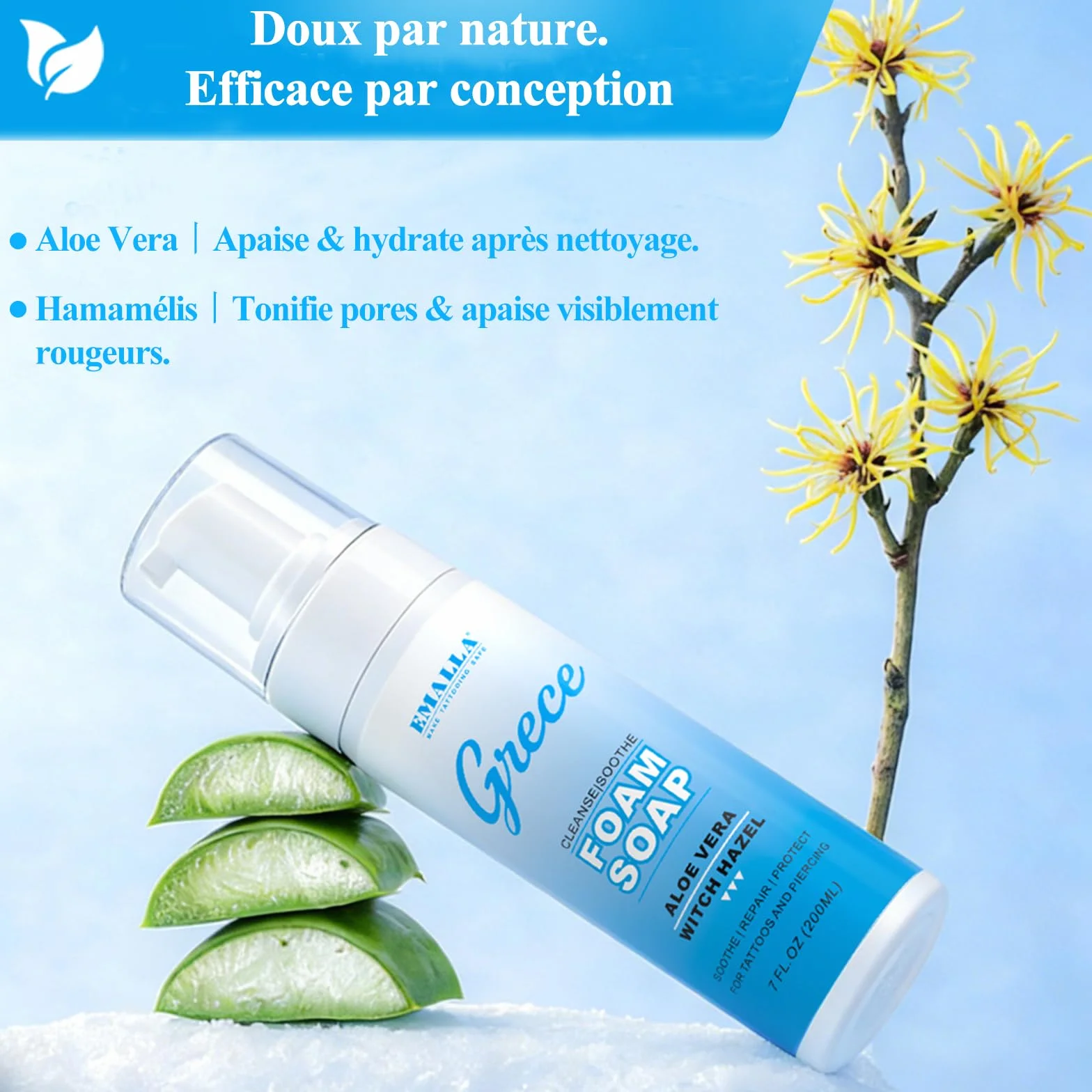 EMALLA GRECE Mousse de soin douce pour tatouage 150 ml sans savon aux extraits de plantes