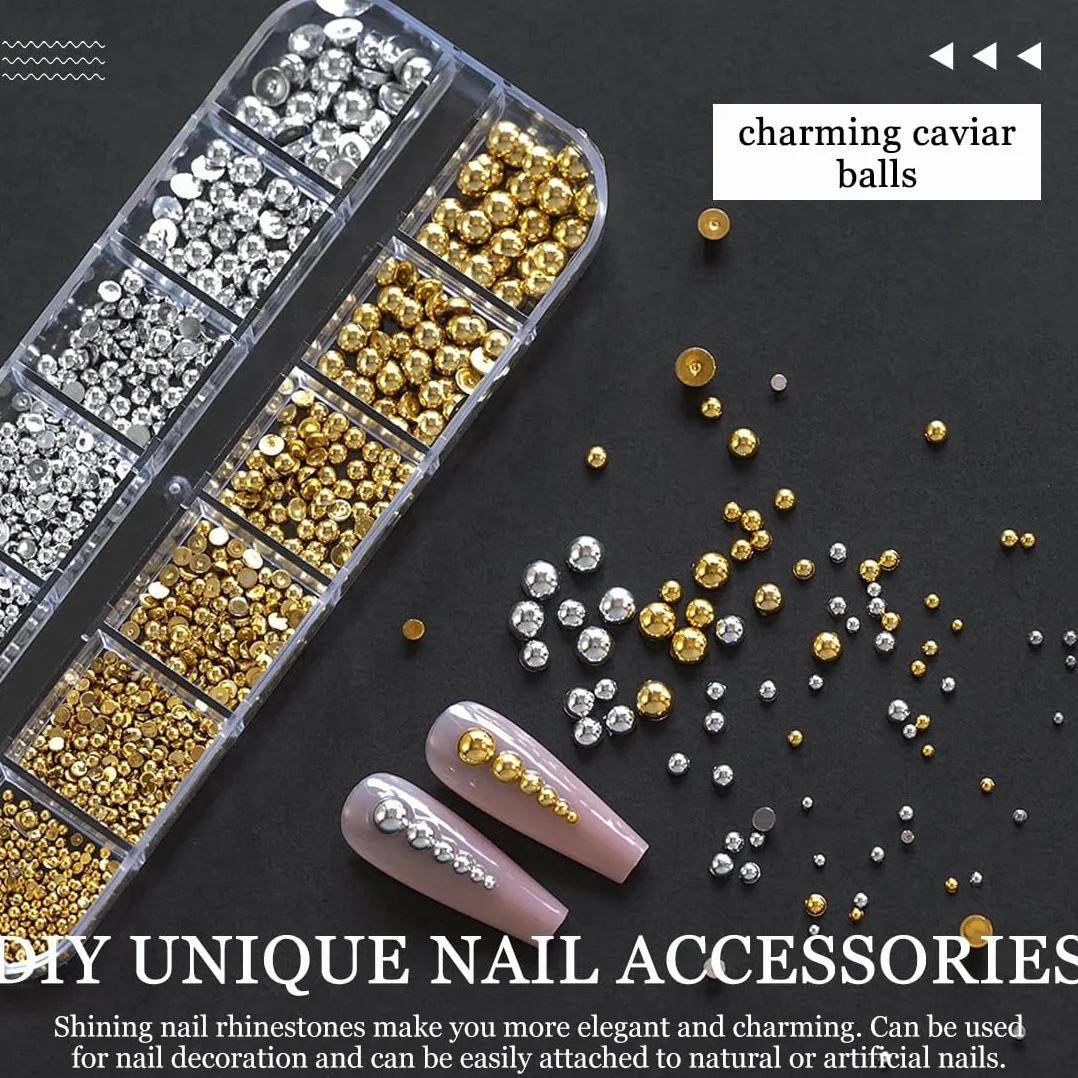 Boîte Blanc Perles Ongles Demi Rond Bijoux Nail Art Perles Couleur Or Argent Mini Nail Caviar Beads Strass Accessoires