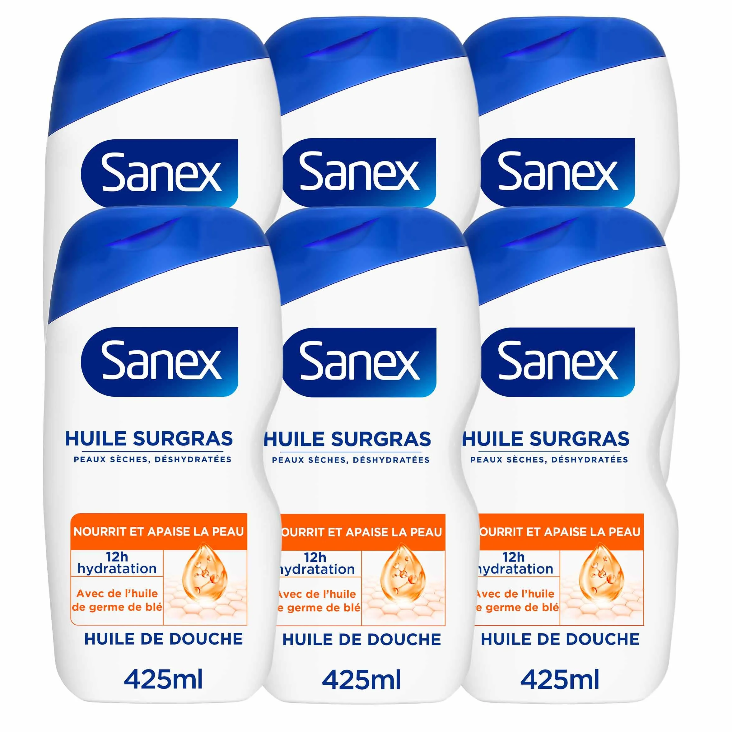 SANEX - Huile de Douche Derma Care Surgras - Hydratation 12h - Peaux sèches - 6 x 425ml