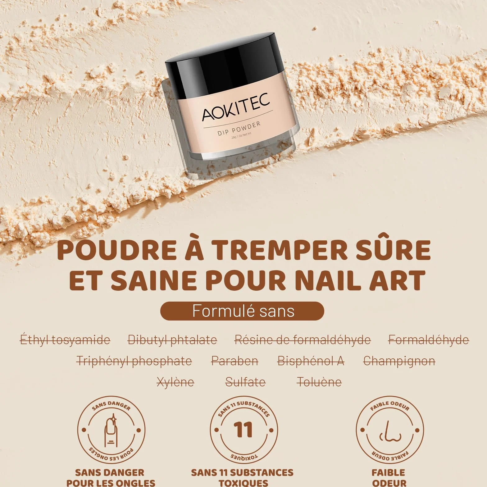 Aokitec Poudre à tremper 6 couleurs, poudre à ongles, nail art, ongles français, pas besoin de lampe