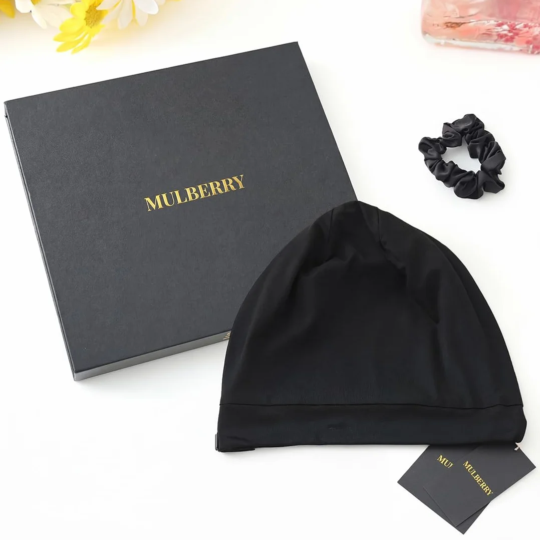 Bonnet de nuit en 100 % soie de mûrier pour femme - Bonnet de nuit en soie avec fermeture réglable - Bonnet souple à doublure en soie pour boucles et cheveux longs - Noir