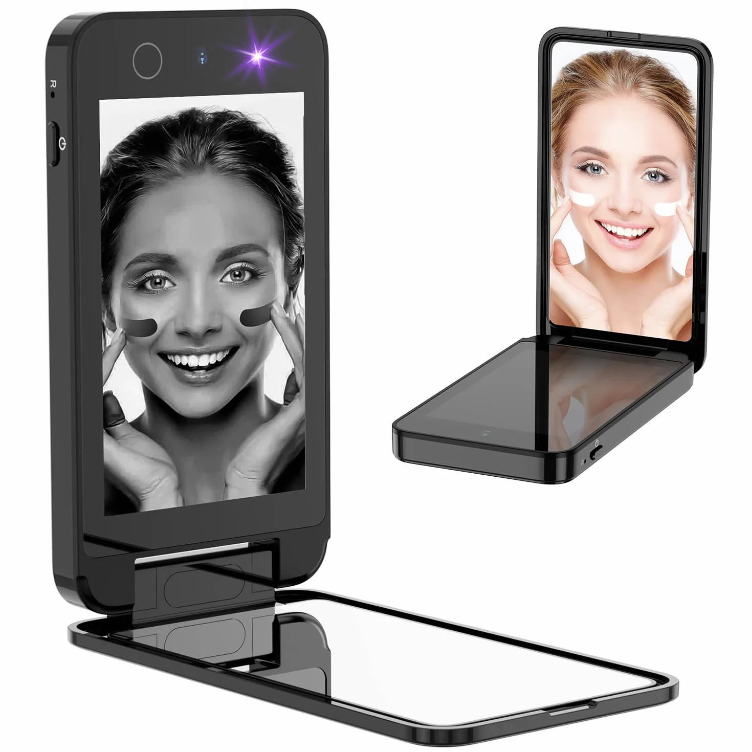 Miroir UV compact et portable, miroir de courtoisie de 10,2 cm avec caméra UV pour tester la crème solaire, miroir de maquillage de voyage rechargeable, miroir de poche double face pour la protection