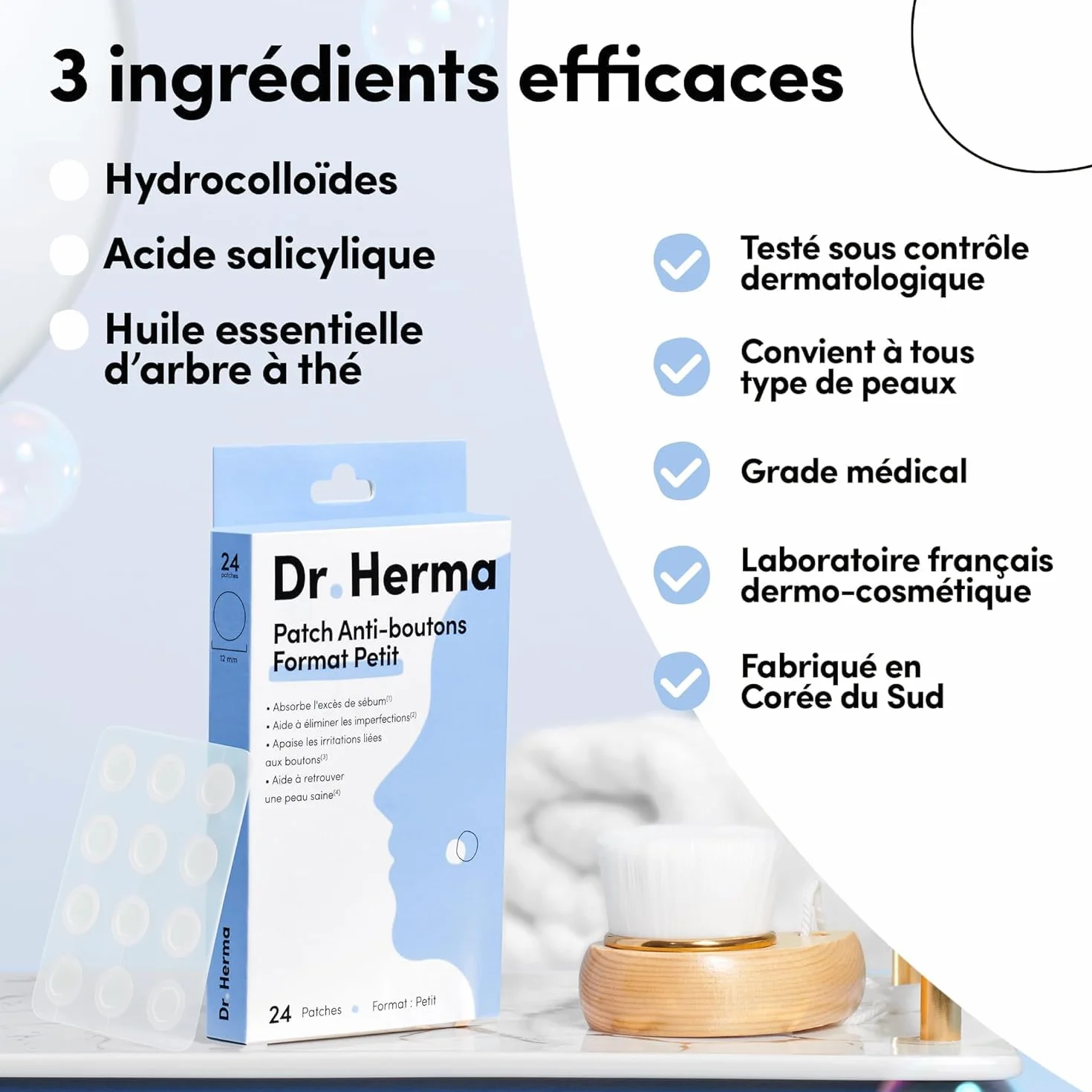 Dr. Herma Patch Anti Bouton Acné Invisible Acide Salicylique Hydrocolloïdes 3 Boîtes de 24 Patchs