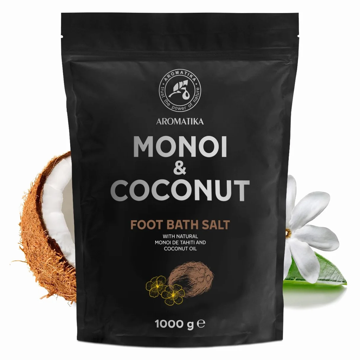 Sel de Bain pour Pieds Monoï de Tahiti & Coco 1000g - Huile de Monoï de Tahiti et Coco - Bain pour Pieds au Sel de Mer Naturel - Aromathérapie