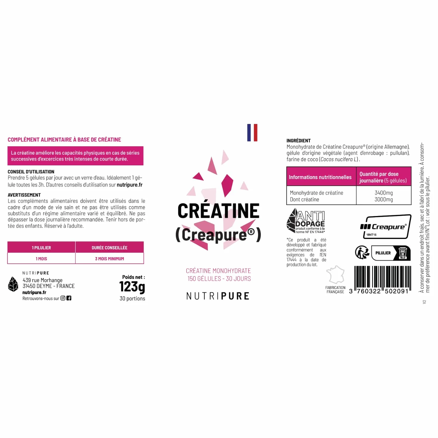 Créatine Monohydrate Creapure® 150 Gélules Vegan Sans Additifs Force Musculaire Sports Intensifs