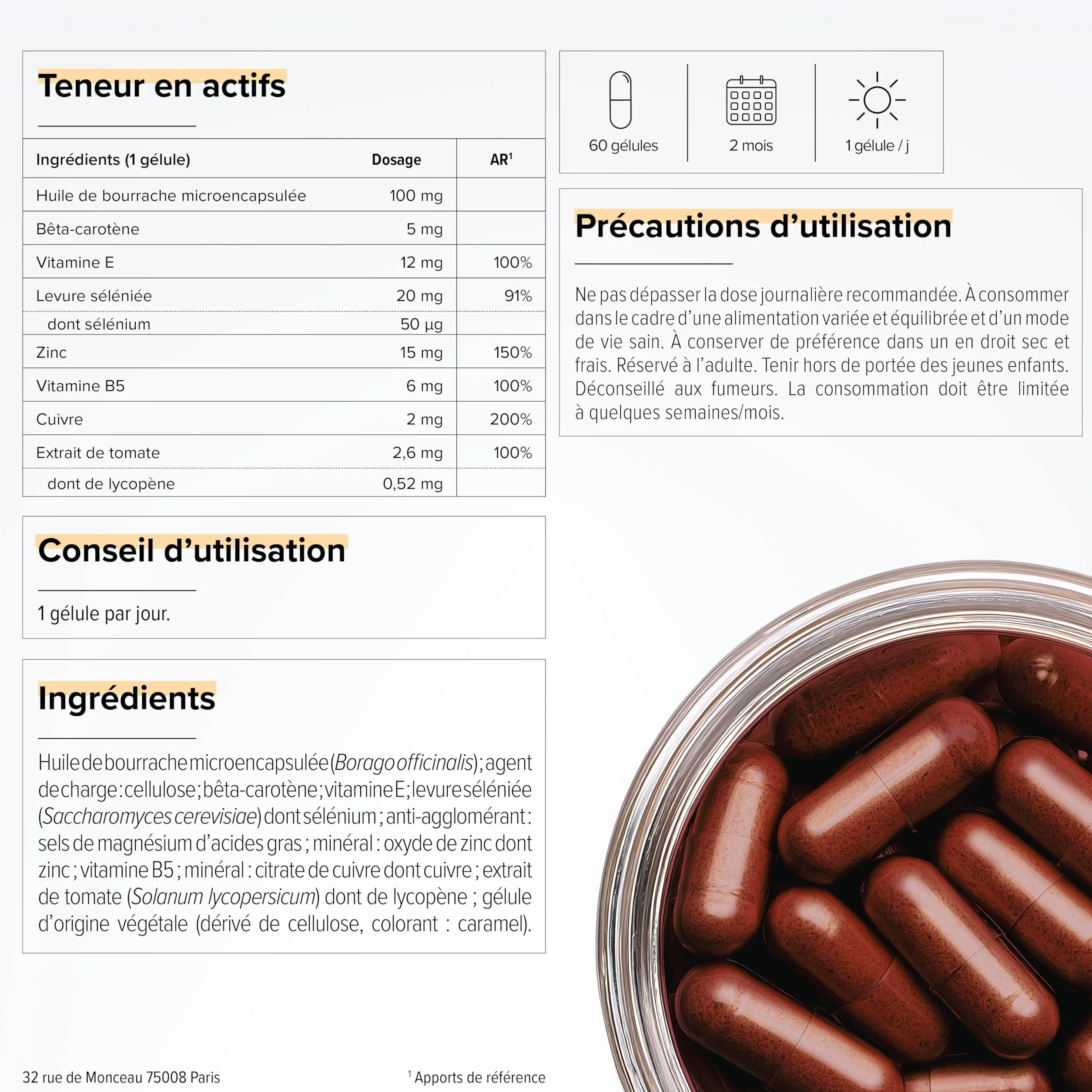 Beyond Elements Préparateur Solaire 3-en-1 Beta Carotene Huile de Bourrache Cuivre 2 Mois Vegan