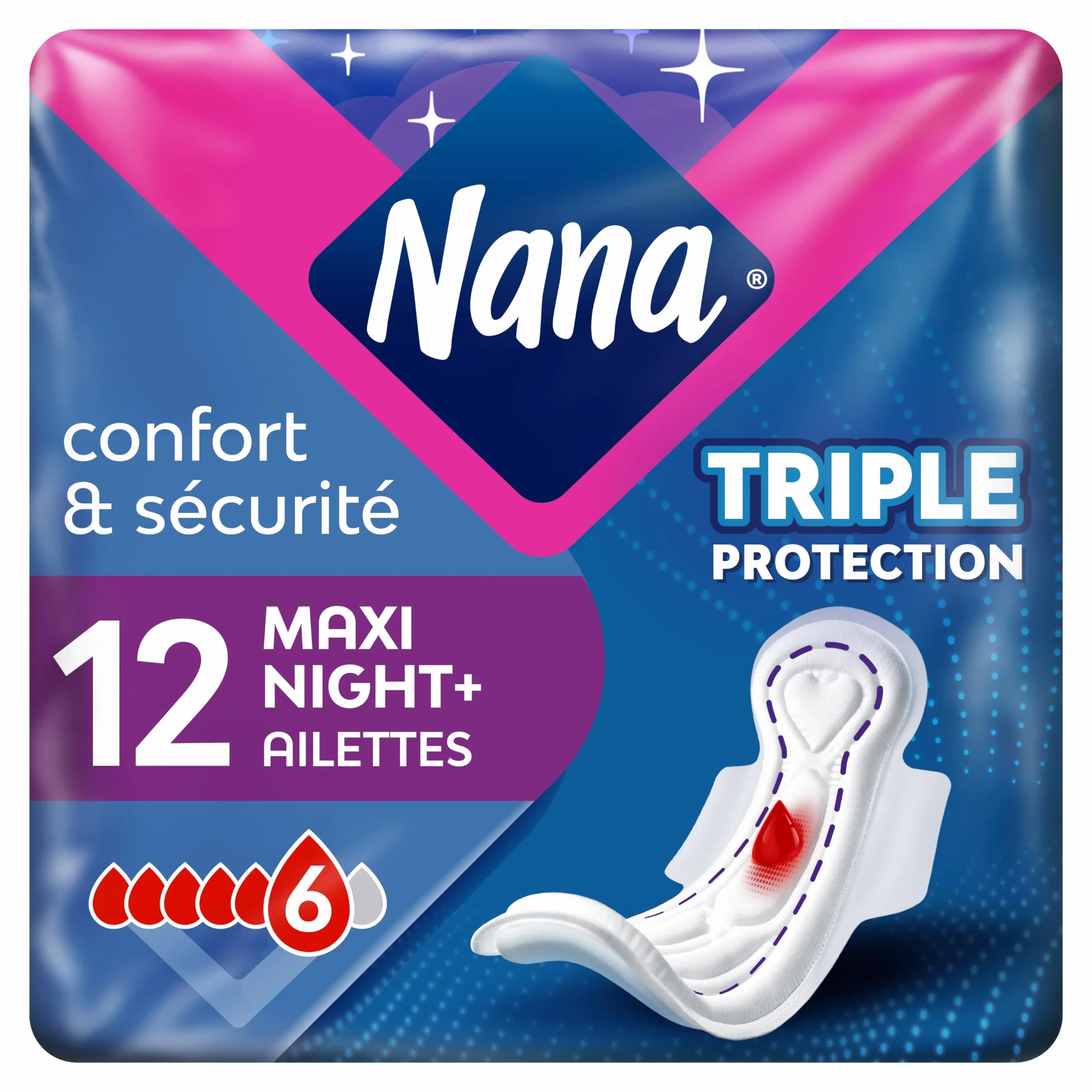 Nana Maxi Goodnight x12 Serviettes Hygiéniques Nuit avec Ailettes Flux très Abondant