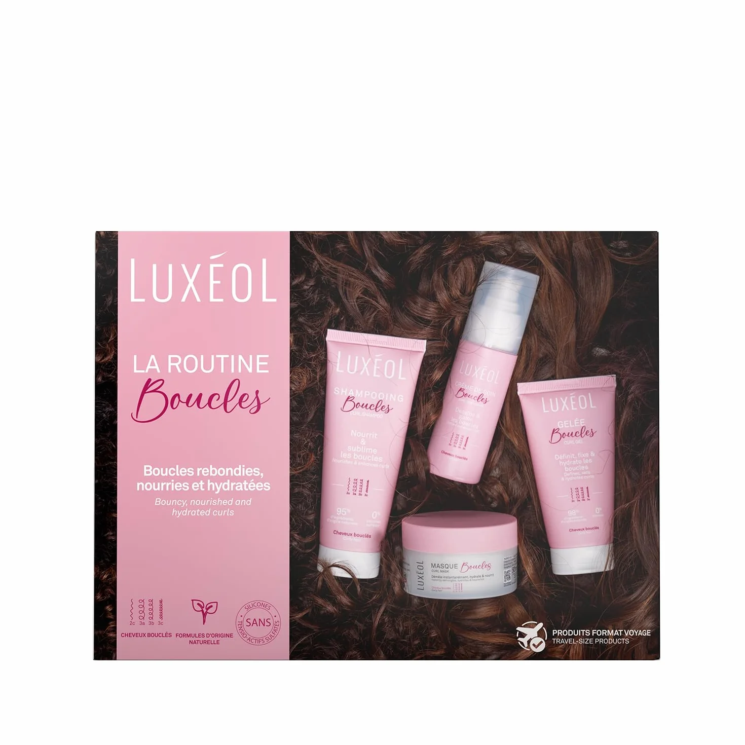 LUXEOL - Routine Cheveux Bouclés - Format Voyage - Sublime Les Boucles - Limite les Frisottis - Parfum Gourmand - Shampooing 75ml + Masque 50ml + Crème De Soin 50ml + Gelée 50ml