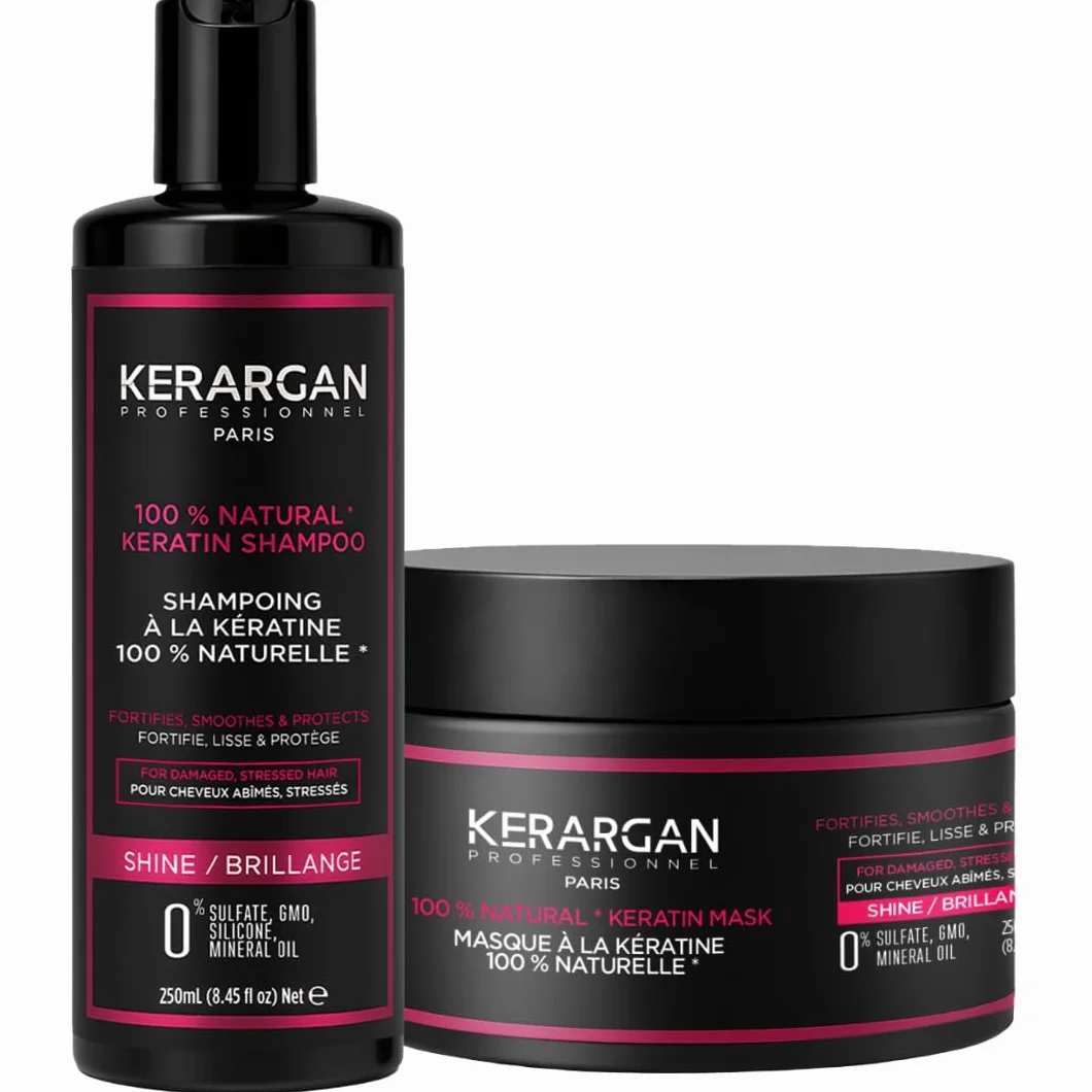 Kerargan - Duo Ultra Réparateur Shampoing & Masque à la Kératine pour Cheveux Abîmés et Stressés - Nourrit, Lisse, Protège - Sans Sulfate, Silicone, OGM, Huile Minérale - 2x250 ml