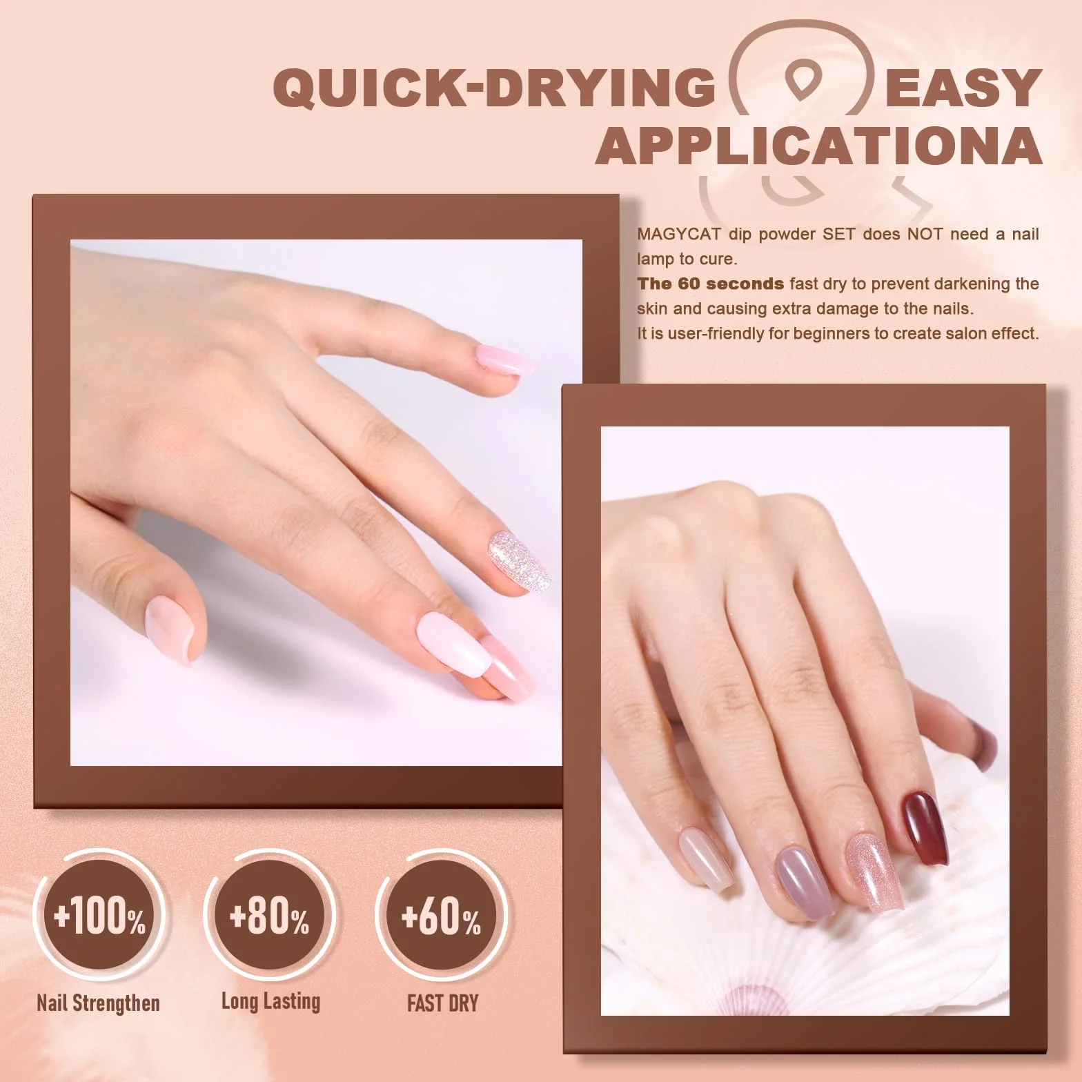 Kit de trempage pour ongles - Lot de 8 poudres - Collection classique nude rose et marron - Pailletée - Sans lampe