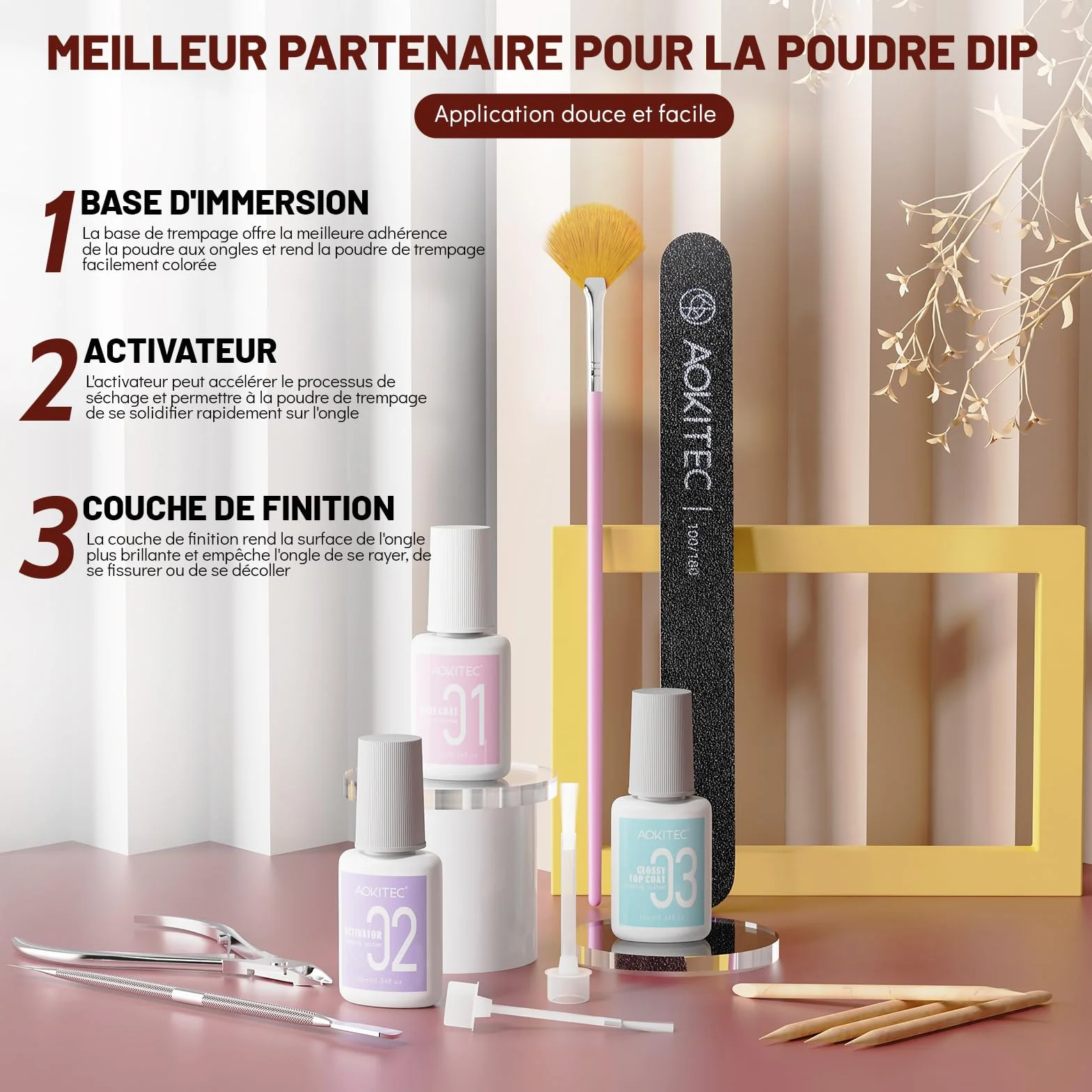 Aokitec Kit de poudre à ongles 8+1 couleurs poudre construction base activateur finition nail art français