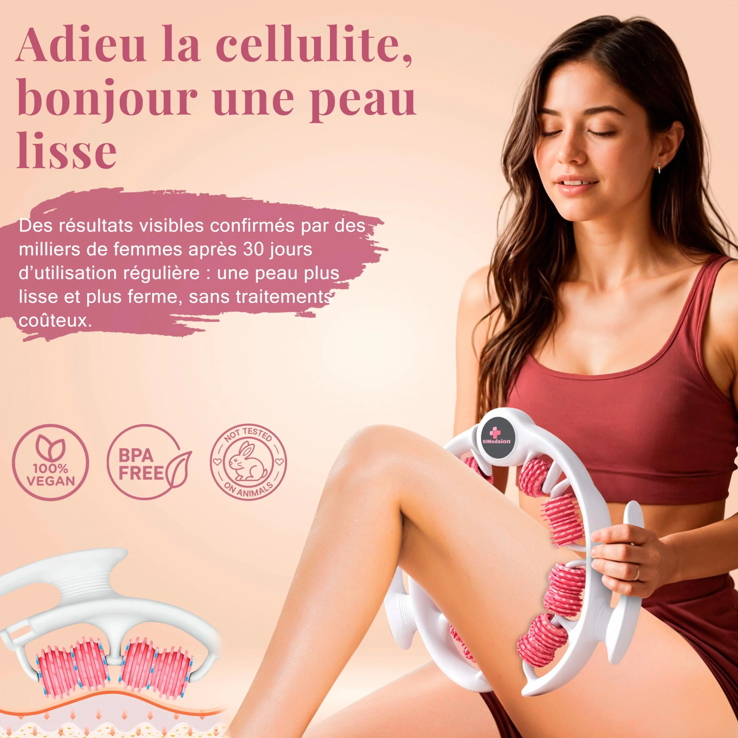 Masseur anti cellulite avec 14 roulettes pour drainage lymphatique des jambes, cuisses et fesses, rouleau de massage anticellulite pour stimuler la circulation et réduire l’aspect cellulite