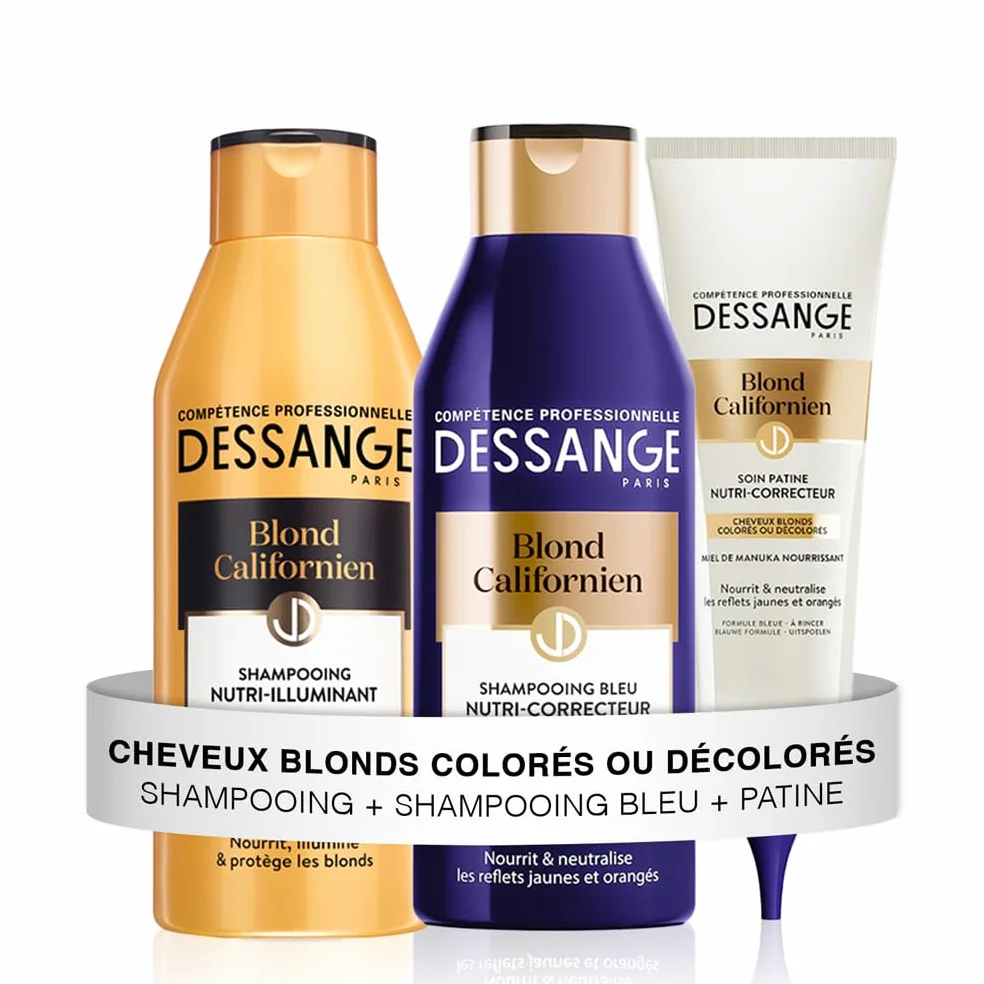 DESSANGE - Coffret Blond Californien - Shampoing Nutri-illuminant + Shampoing Bleu + Soin Patine - Nourrit & Neutralise Les Reflets - Pour Cheveux Blonds, Colorés ou Décolorés