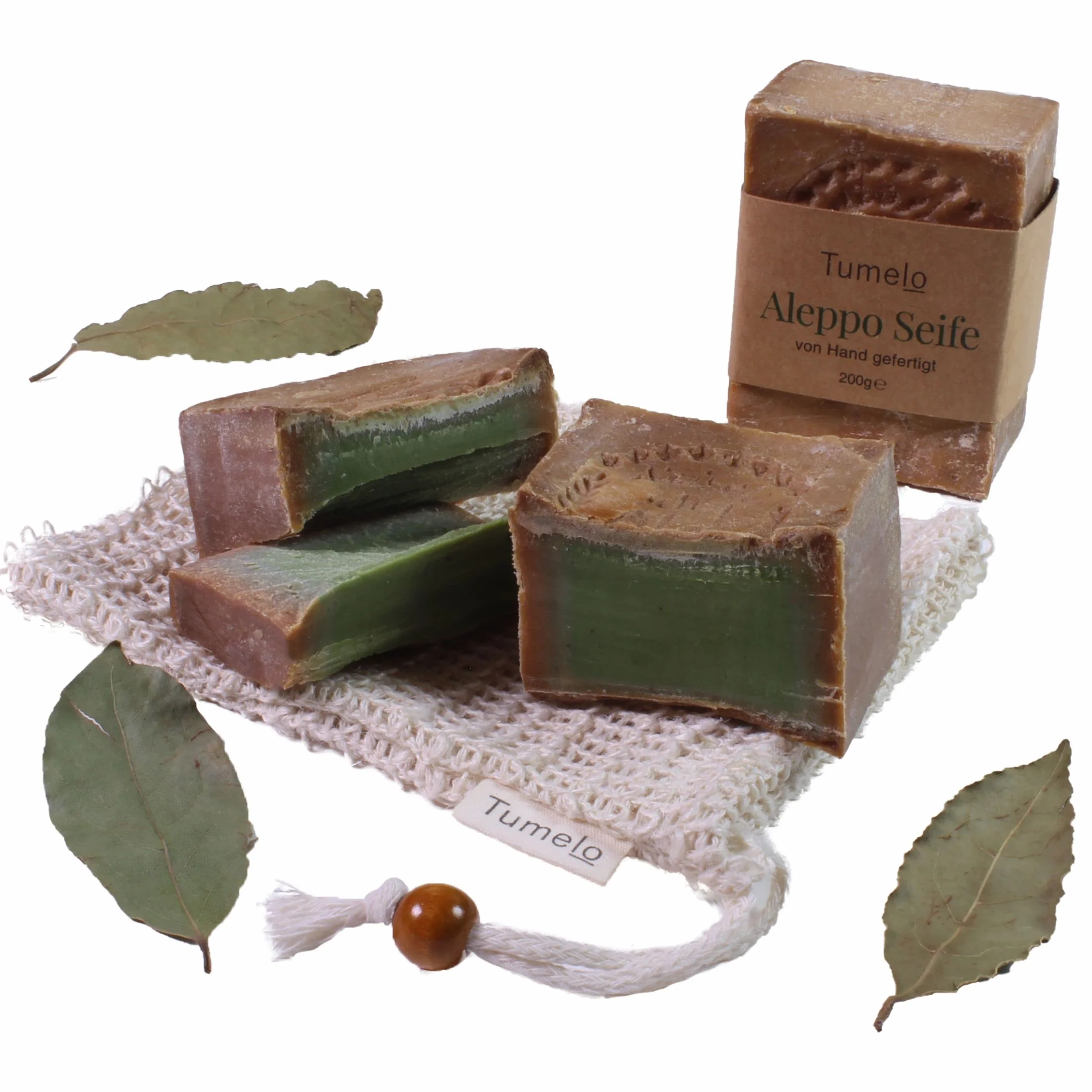 TUMELO Savon d'Alep Original 4 x 200g (800g) 95% d'huile d'olive 5% d'huile de baies de laurier + Sac de Salvon - Savon naturel - Savon solide pour les cheveux/Savon de douche