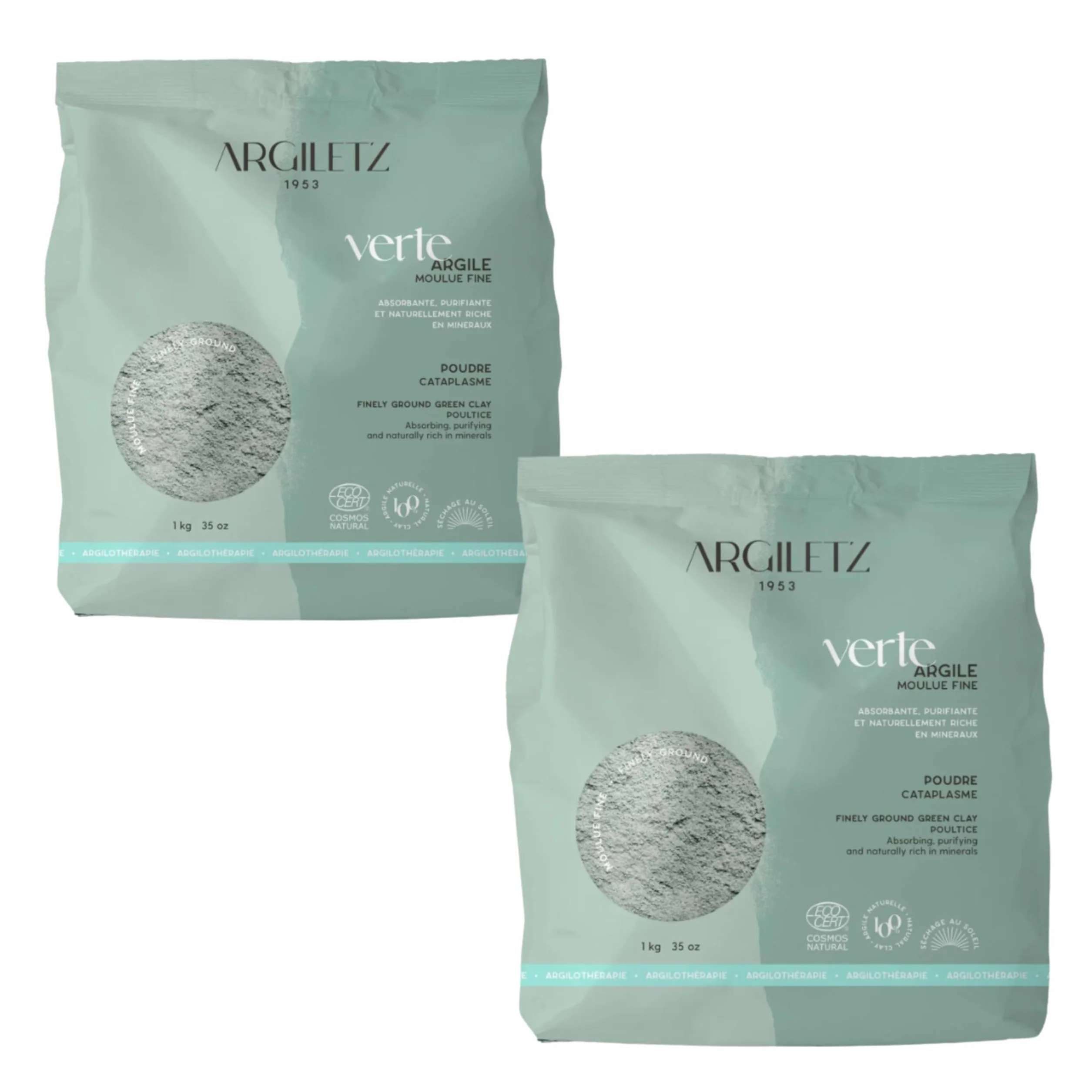 (ARCILIA) Argiletz - Lot de 2 sachets d'argile verte illite moulue fine 1kg - séchée au soleil ARGILTEZ - cataplasme, emplâtre, masque soin beauté visage, cheveux, bain d'argile et cure