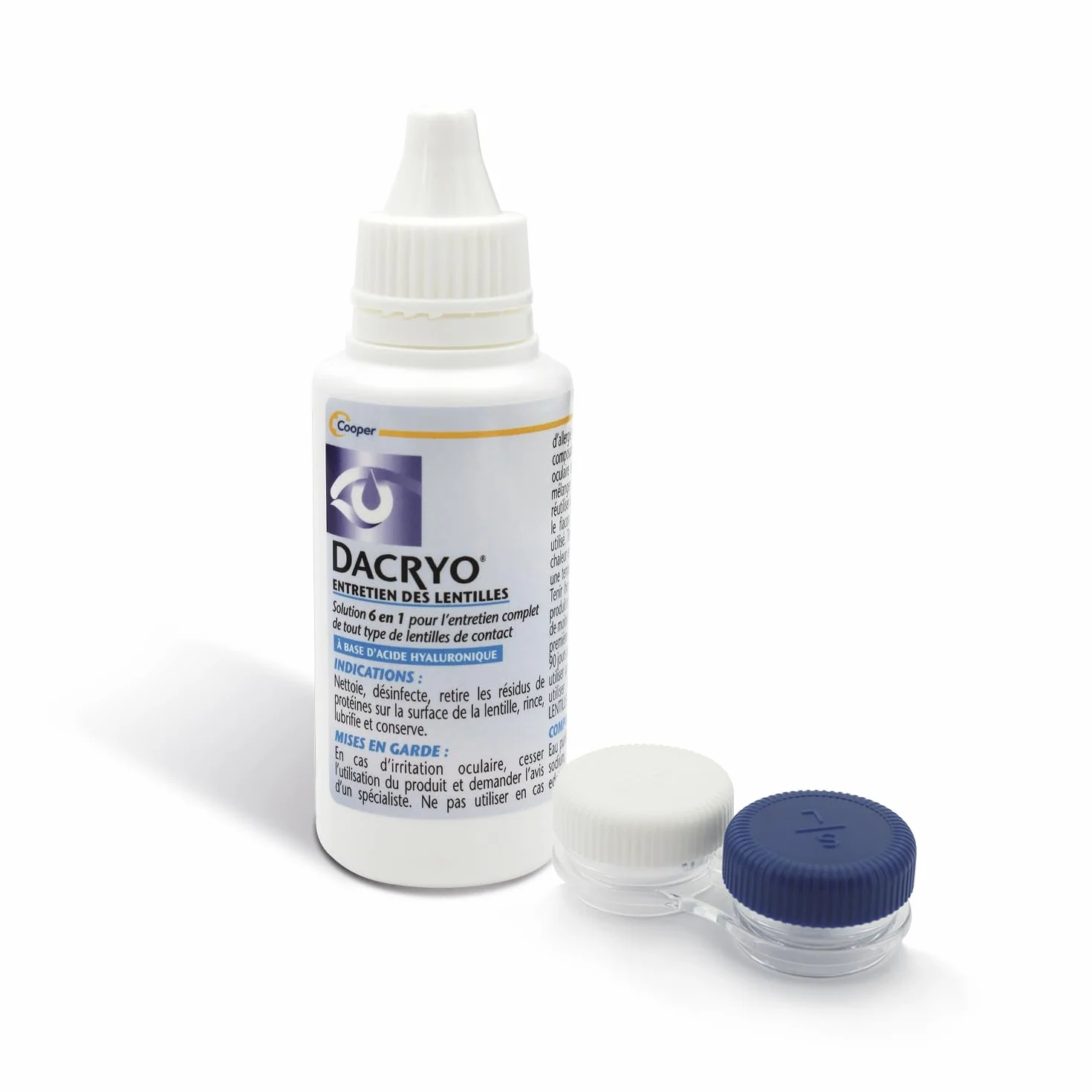 DACRYO Solution d'entretien des lentilles 6 en 1 50 ml - Nettoie, désinfecte, déproténise, rince, lubrifie, conserve - Acide Hyaluronique - Étui inclus