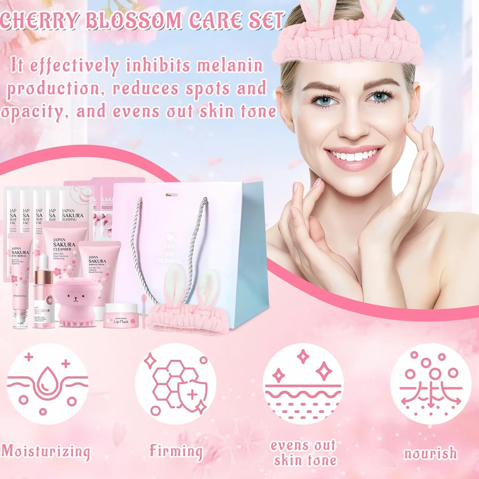 Sakura Ensemble de Soins de la Peau 18 Pièces, Kit Hydratant avec Nettoyant, Crème, Sérum
