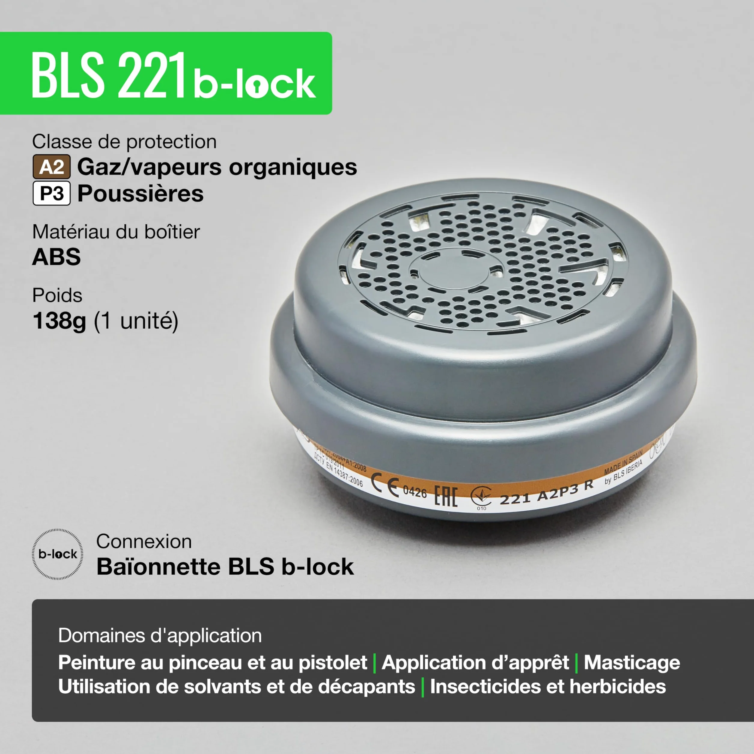 Filtres Remplaçables BLS 221 A2P3 R D avec Raccord à Baïonnette b-lock Compatibles Demi-masques Masques Complets Gaz Vapeurs Poussières Peinture Solvants