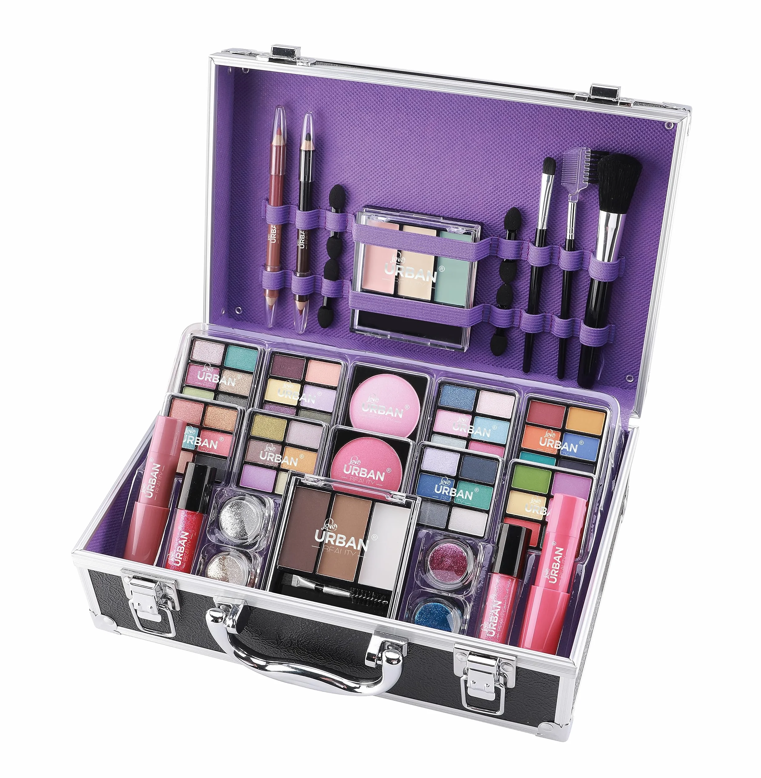 Bliss Trousse de produits de Maquillage Végan - Valise de Maquillage Complète avec Fard à Paupières et à Joues, Rouge à Lèvres, Cire et Poudre à Sourcils, pinceau – Organiseur avec Cadre en Aluminium
