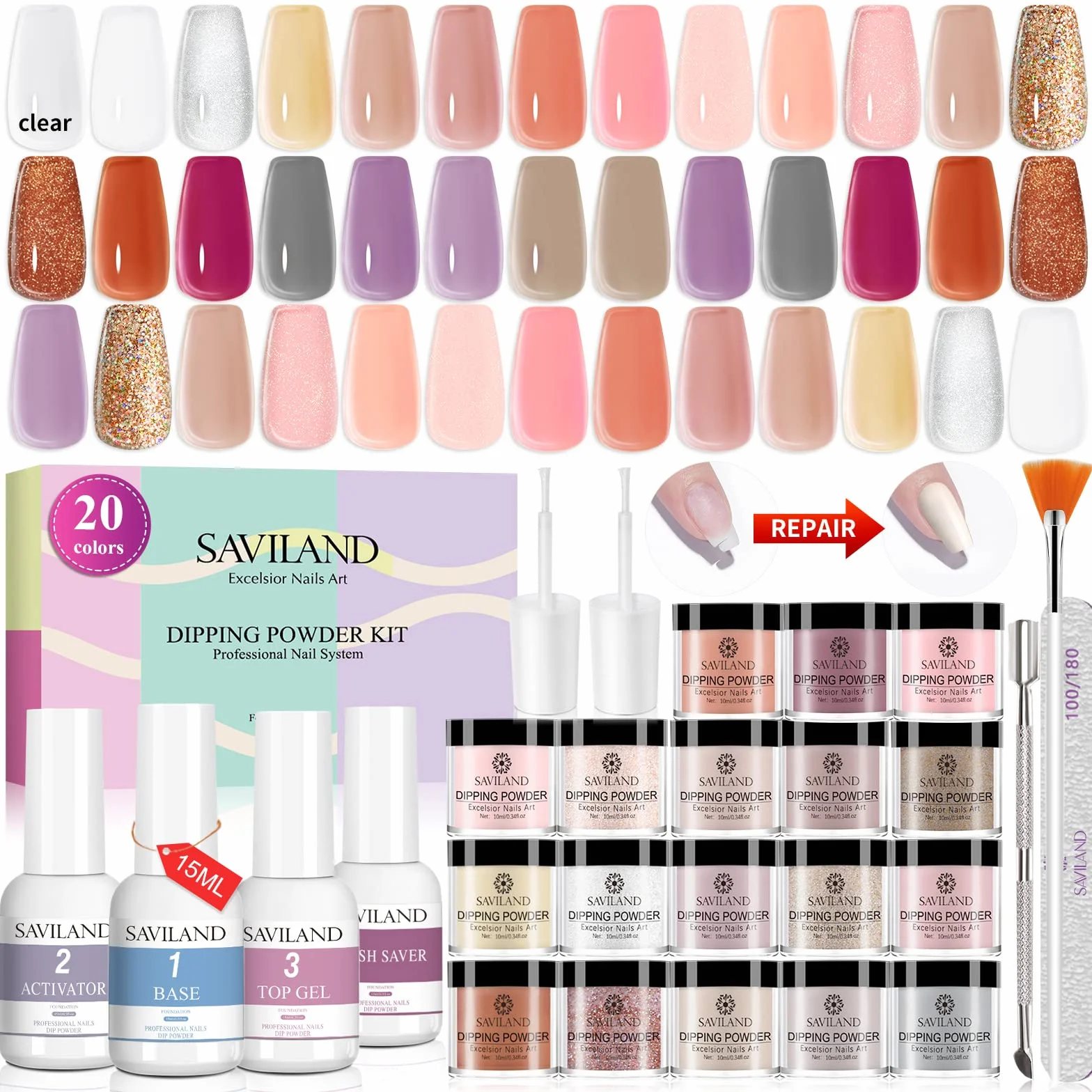 Saviland Dip Powder Nail Kit 29 Pcs - 20 Couleurs Blanc Clair Nude Set avec Base Top Coat Activateur Brush Saver