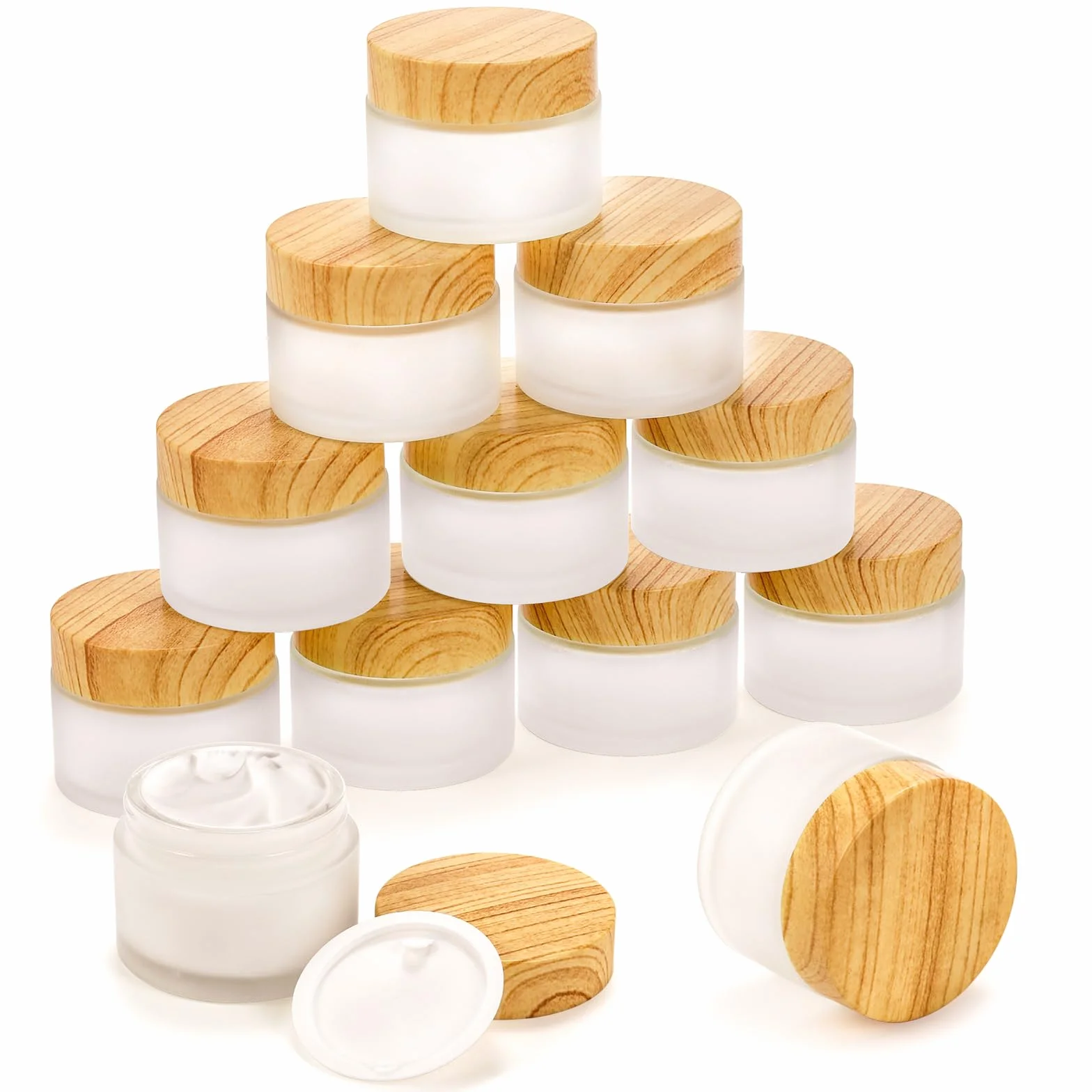 ZENFUN Lot de 16 récipients cosmétiques vides en verre 50 g/50 ml avec couvercle en plastique, flacons en verre dépoli, petits pots d'échantillons de maquillage, bocaux de voyage rechargeables pour