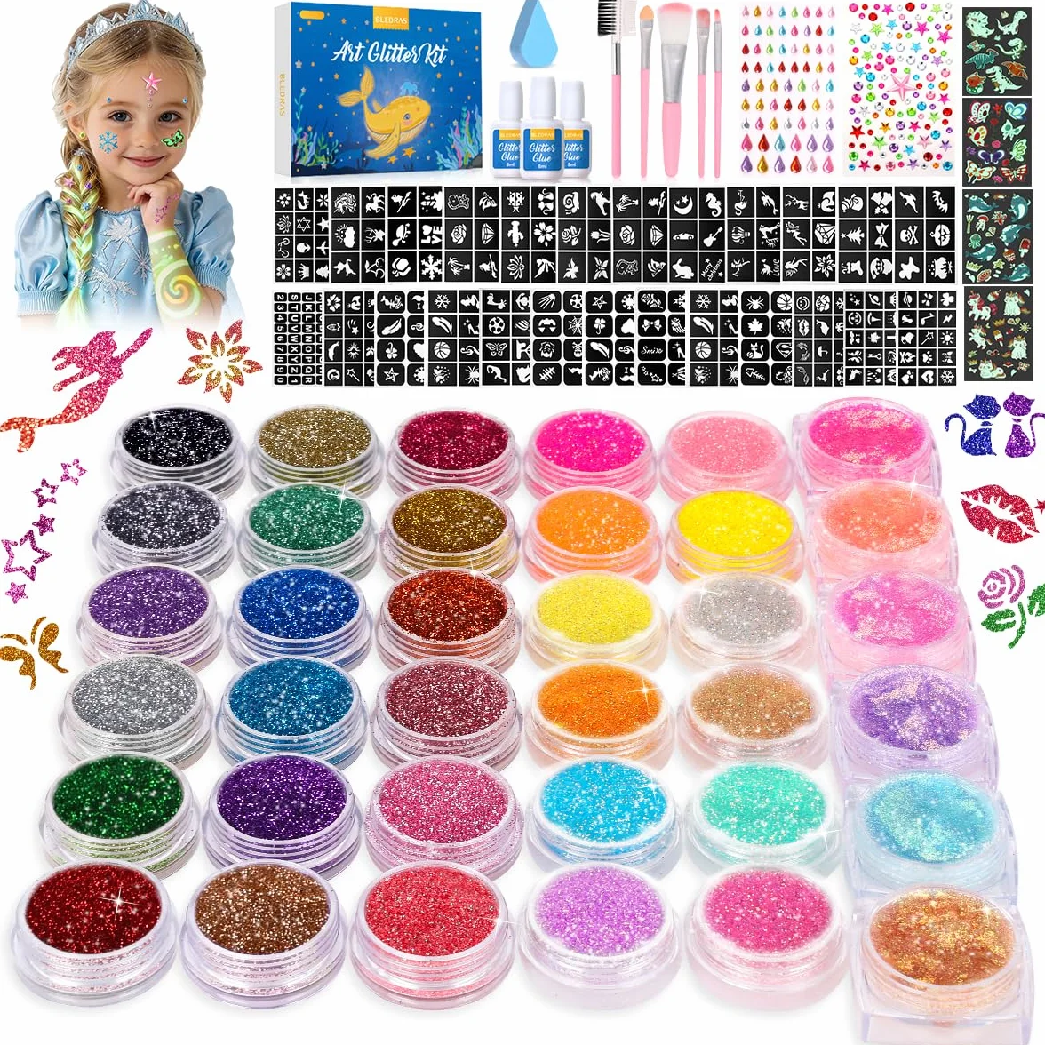 Bledras Kit Tatouage Paillettes Enfant, 36 Couleurs Comprend 6 Couleurs Lumineuse Paillettes Gel, Tatouage Temporaire pour Fête, Halloween, Carnaval, Maquillage Cheveux, Ongles