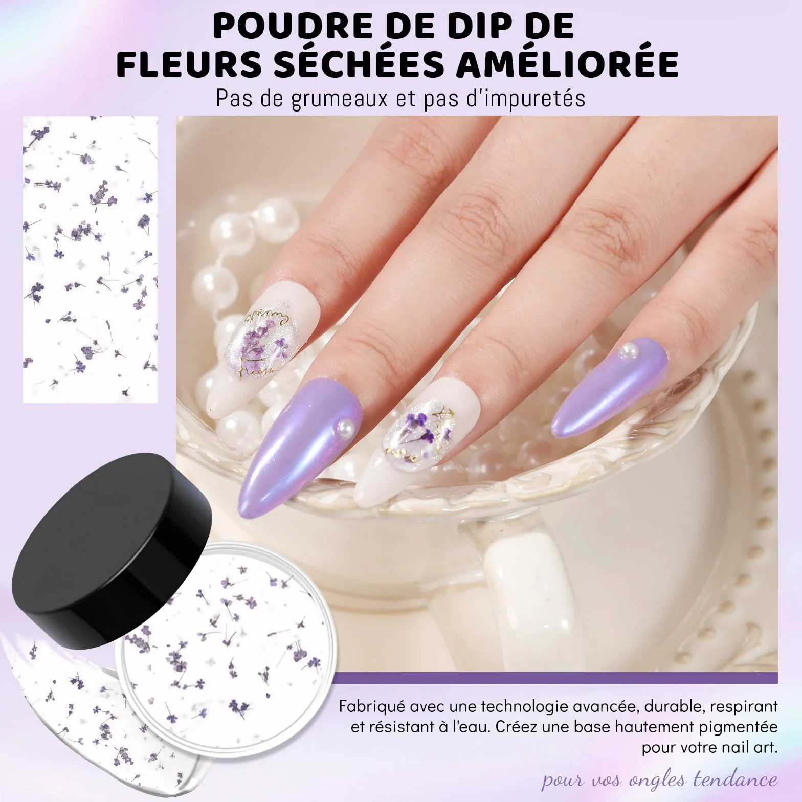 Aokitec Poudre à Tremper Fleurs Séchées Violettes 1 oz Nail Art Décoration