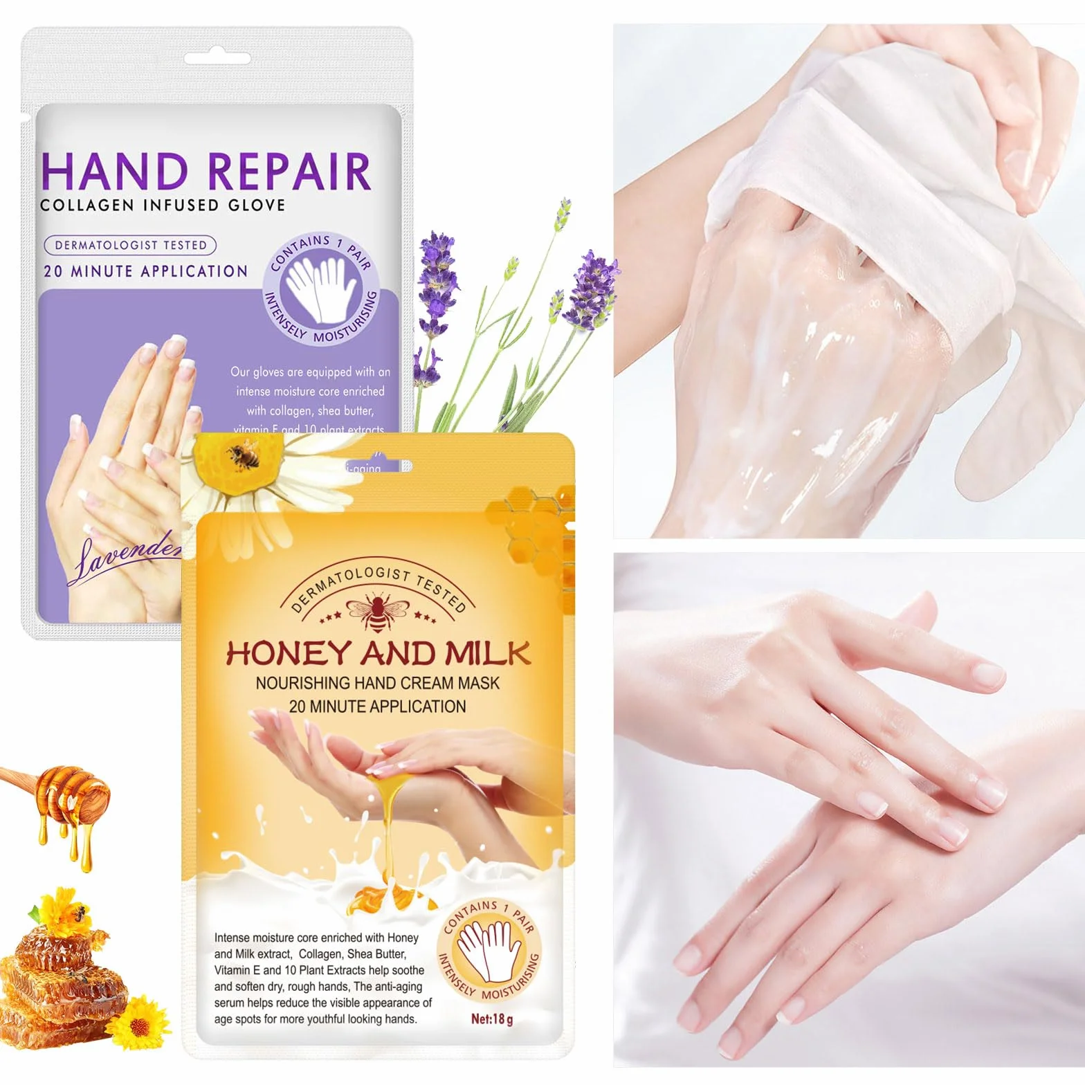 Gants de Masque Hydratants Exfoliants au Miel avec Collagène, Anti-âge, Réparation de Peau Rugueuse (Lavande et miel)