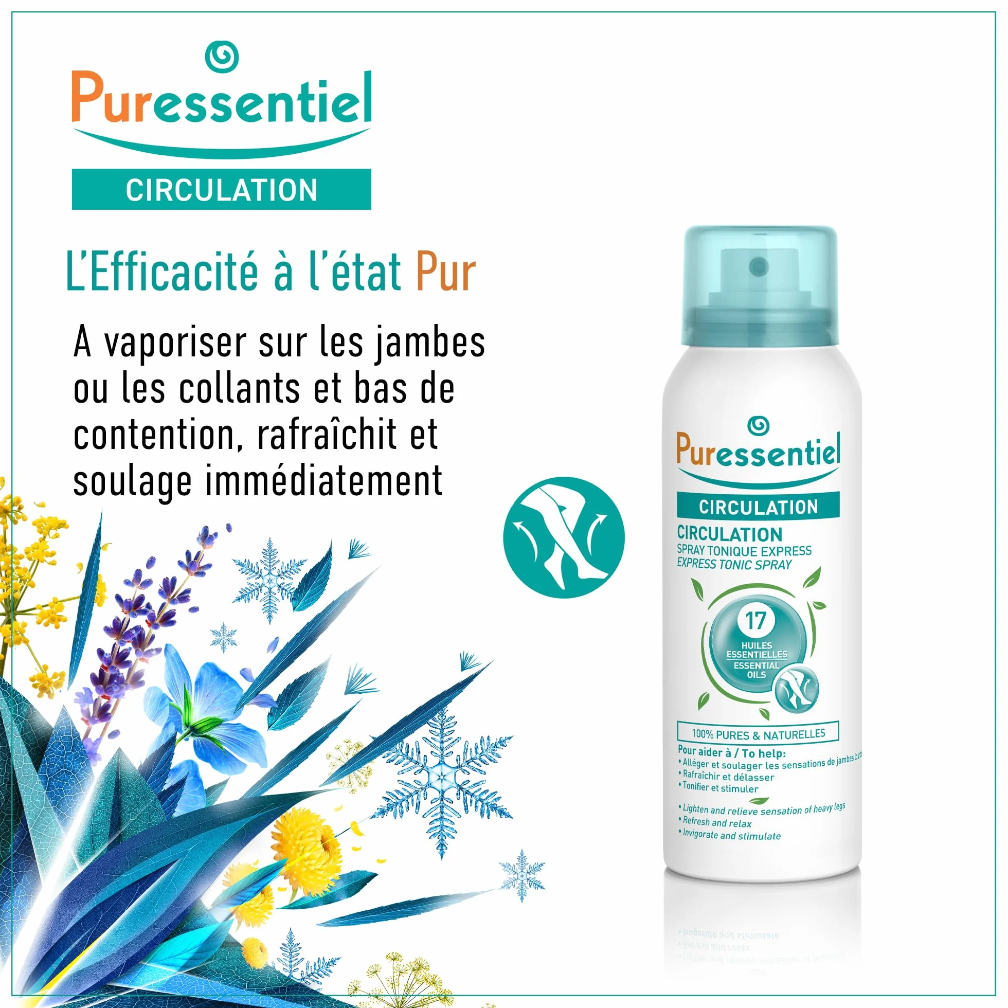 Puressentiel Circulation Spray 17 Essential Oils 100 ml Cooling Spray Heavy Legs Relief Swollen Ankles Feet
