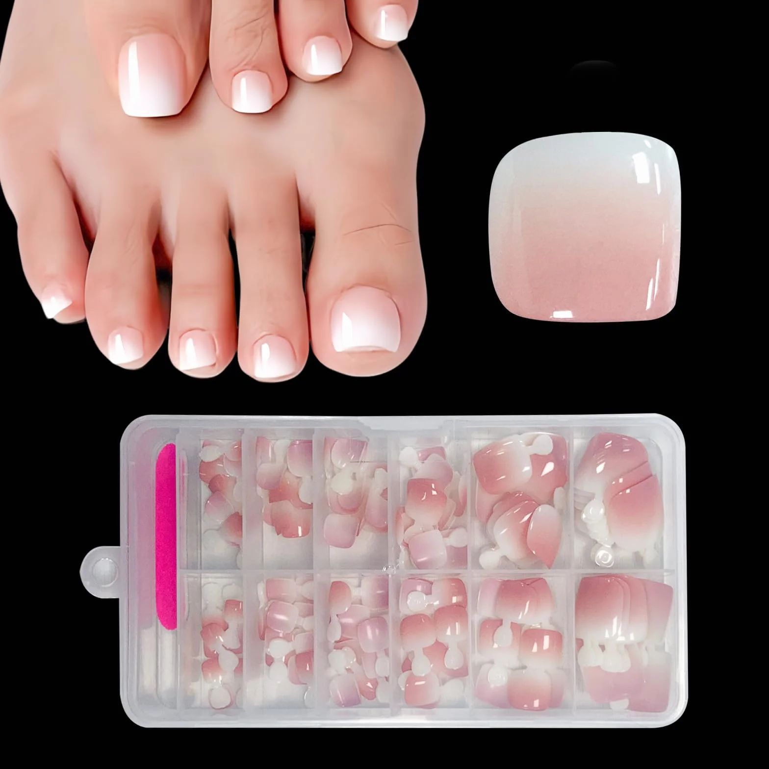 Faux Ongles Pieds 120 Pièces Carré Rose Gradient Capsule Americaine Ongle Artificiels Femmes Toe Nails Full Cover Press on Nails 12 Tailles